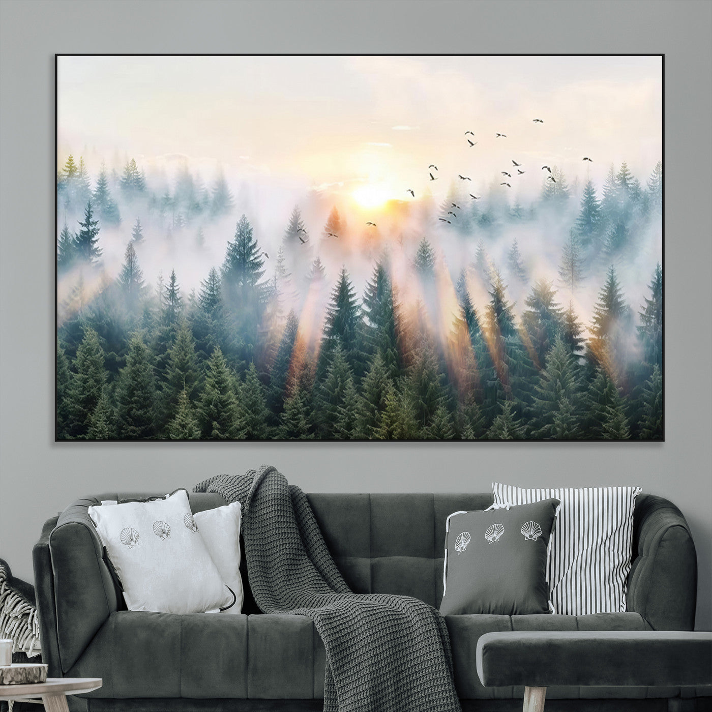 92718976-MGV-CV-36X24-Misty Forest Wall Art Canvas Print, Framed Sunrise Pines Art Picture Print, Foggy Woodland Perfect Moody Woodland Decor Artwork