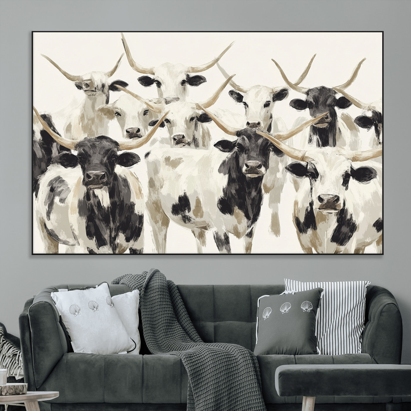 52947970-MGV-CV-36X24-Texas Longhorn Wall Art Canvas Print, Framed Cattle Herd Art Picture Print, Herd Portrait Perfect Modern Farmhouse Decor Artwork