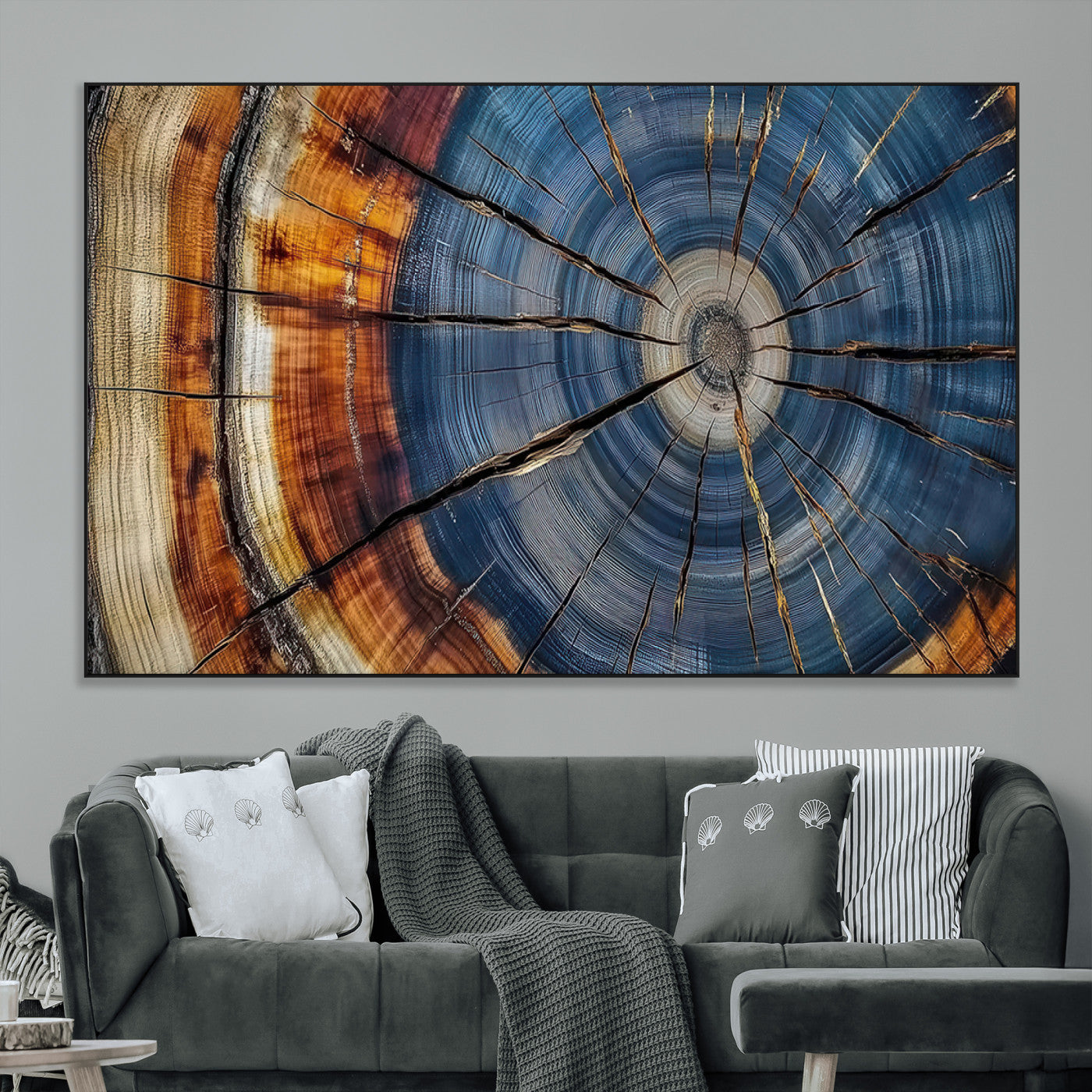 82059233-MGV-CV-36X24-Rustic Tree Ring Wall Art – Natural Wood Texture Canvas Print, Framed Abstract Tree Stump for Farmhouse, Log Cabin, Wooden House