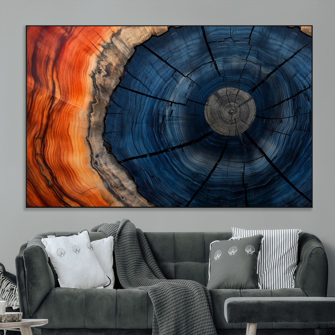 26110607-MGV-CV-36X24-Blue and Orange Tree Ring Wall Art – Abstract Wood Cross Section Canvas Print, Modern Rustic Nature Decor for Living Room, Office,