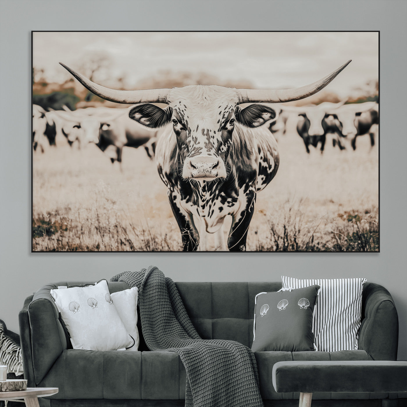 27497342-MGV-CV-36X24-Texas Longhorn Wall Art Canvas Print, Framed Speckled Cow Art Picture Print, Horned Cattle Perfect Rustic Western Decor Artwork