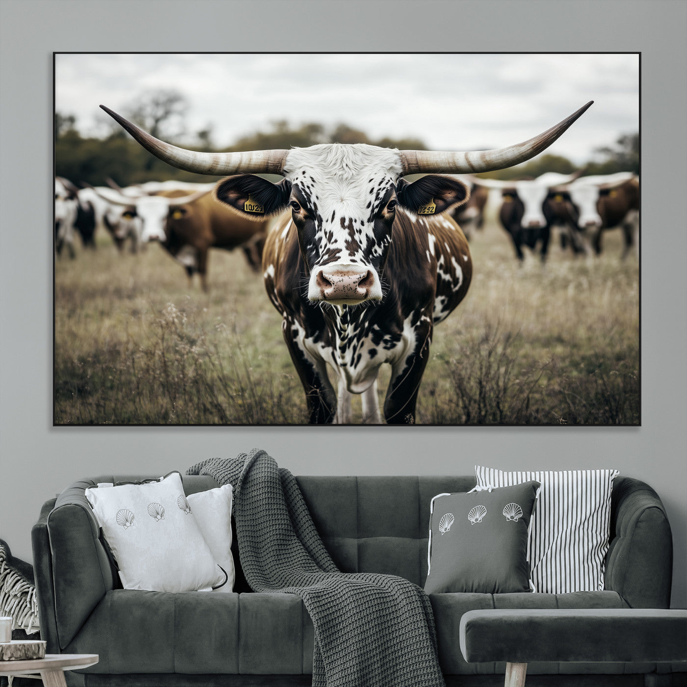 79025945-MGV-CV-36X24-Texas Longhorn Wall Art Canvas Print, Framed Speckled Cow Art Picture Print, Horned Cattle Perfect Rustic Western Decor Artwork