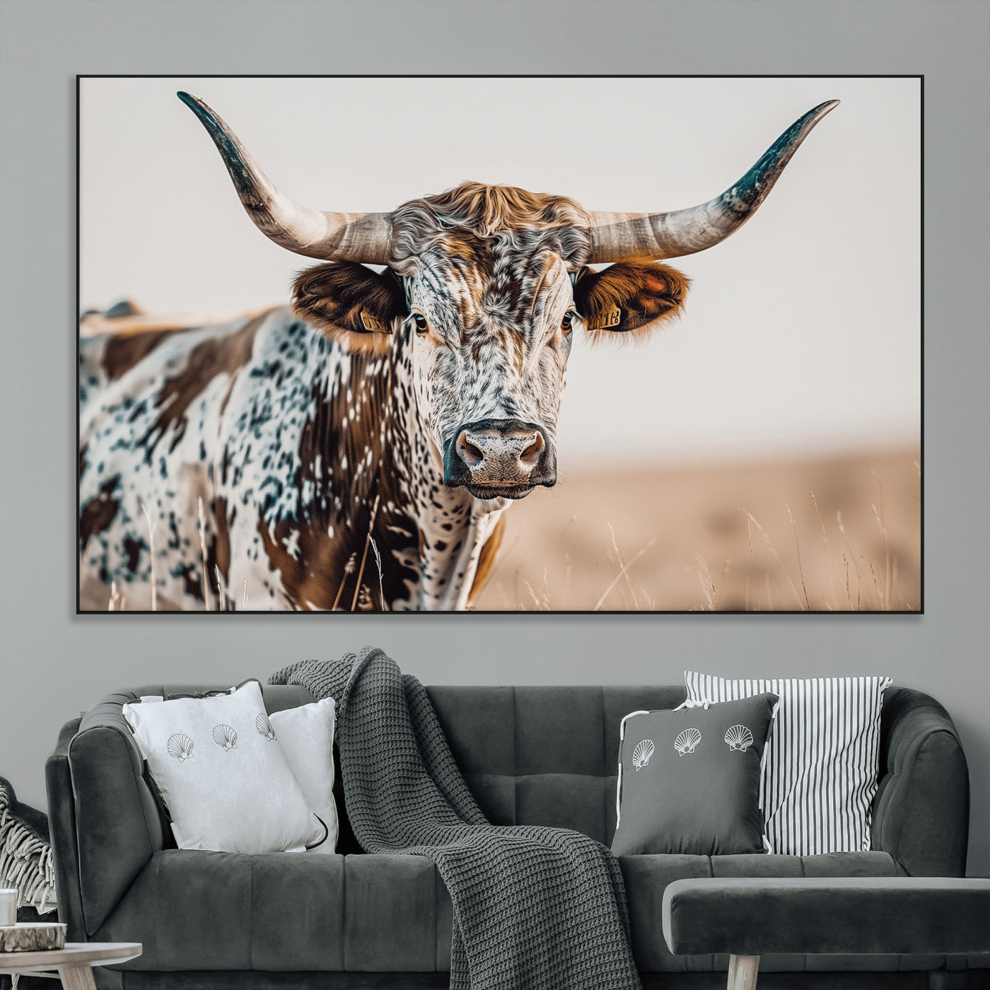 70414966-MGV-CV-36X24-Texas Longhorn Wall Art Canvas Print, Framed Speckled Cow Art Picture Print, Horned Bull Perfect Rustic Western Decor Artwork
