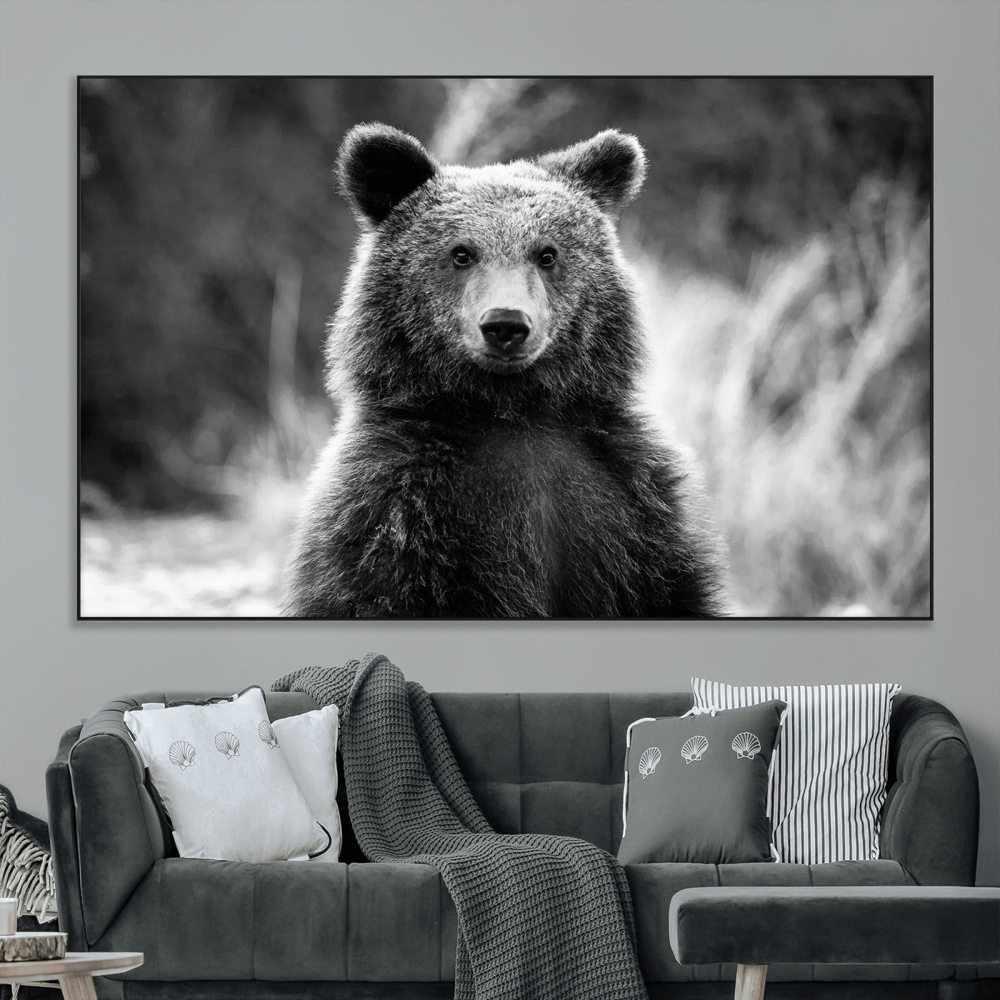 SEG-FC-51X34_Oversize - Grizzly Bear Wall Art Canvas Print, Framed Black White Bear Art Picture Print, Wild Bear Perfect Rustic Wildlife Decor Artwork