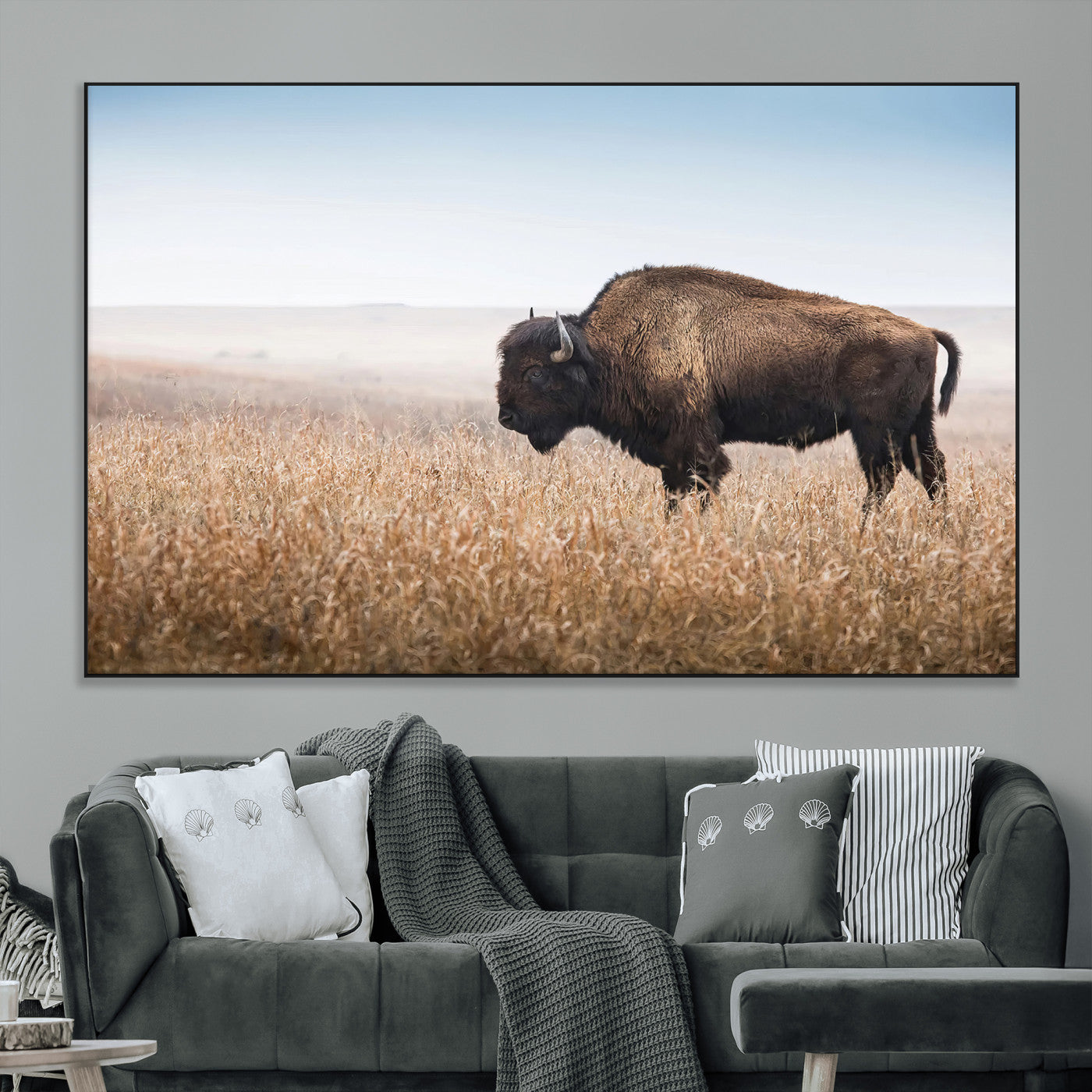 91267849-MGV-CV-36X24-Wild Bison Wall Art Canvas Print, Framed Bison in Prairie Art Picture Print, Rustic Western Perfect Rustic Western Decor Artwork
