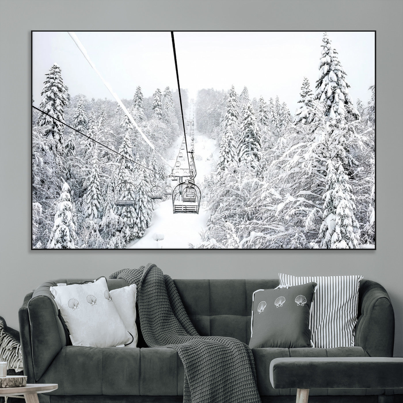 60296839-MGV-CV-36X24-Snowy Mountains Wall Art Canvas Print, Framed Ski Lift Art Picture Print, Winter Forest Perfect Winter Minimalist Decor Artwork