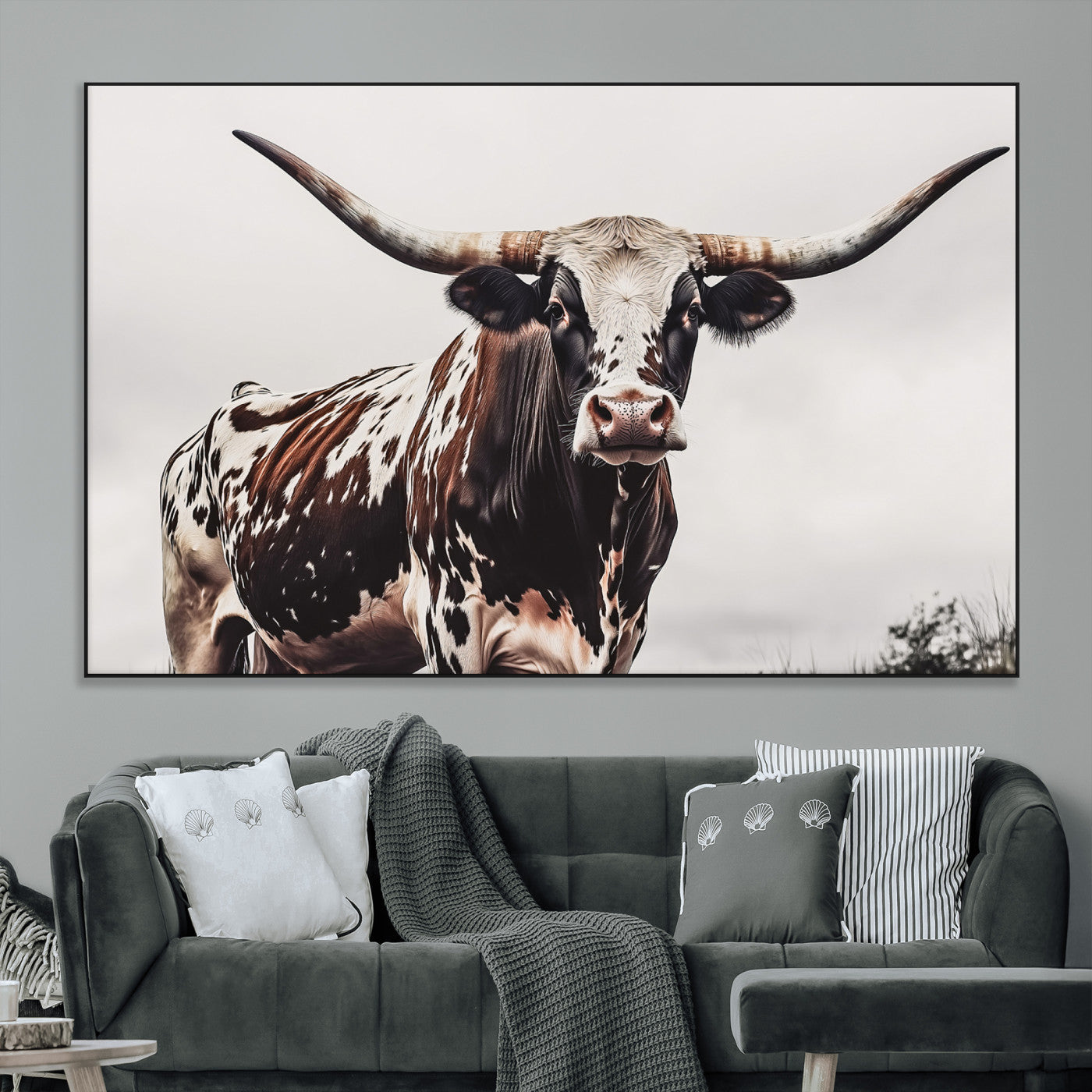 95249234-SEG-FC-51X34_Oversize_Oversize-Texas Longhorn Wall Art Canvas Print, Framed Spotted Bull Art Picture Print, Horned Cattle Perfect Rustic Farmhouse Decor Artwork