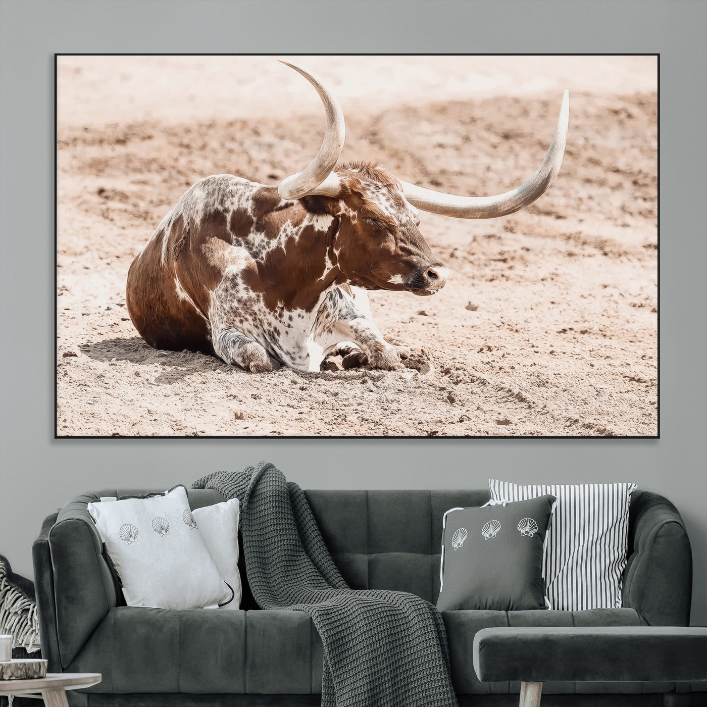 25407592-MGV-CV-36X24-Texas Longhorn Wall Art Canvas Print, Framed Resting Bull Art Picture Print, Spotted Cattle Perfect Rustic Western Decor Artwork