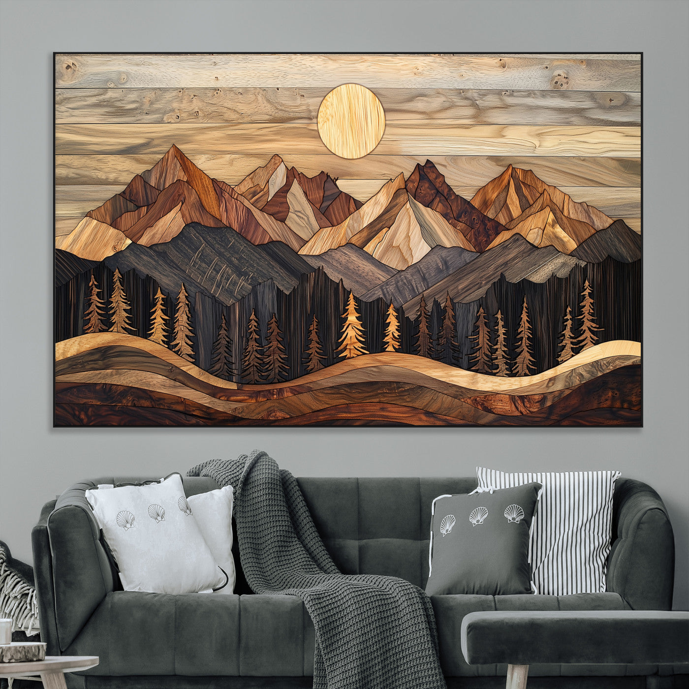 50100230-MGV-CV-36X24-Wooden Mountain Wall Art – Rustic Nature Landscape Canvas Print, Handmade Style Sun, Forest, and Peaks Artwork for Living Room,
