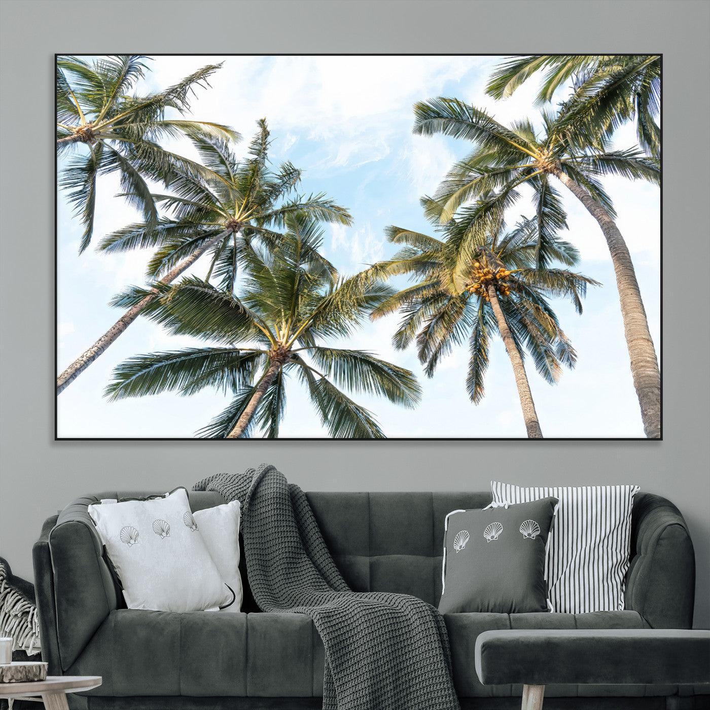 87247012-MGV-CV-36X24-Skyward Palm Trees Wall Art Canvas Print, Framed Tropical Sky Art Picture Print, Coconut Palm Perfect Tropical Skyview Decor