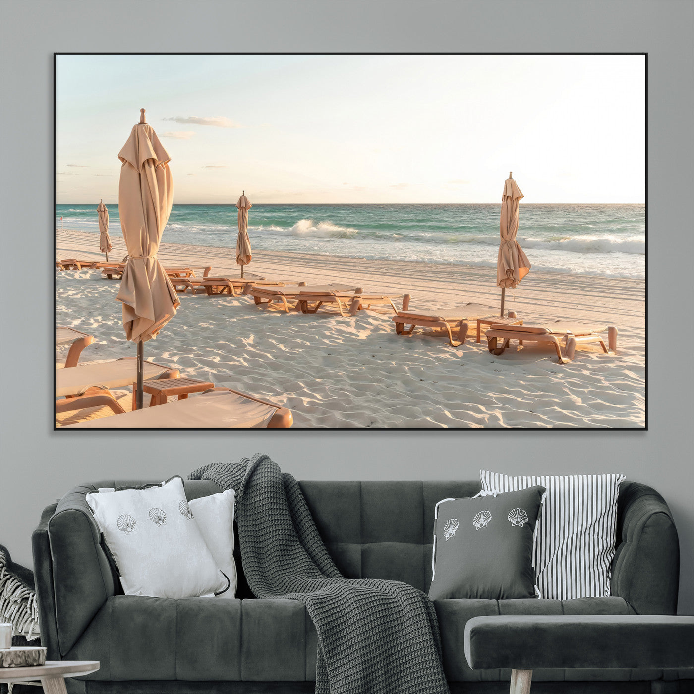 58507949-MGV-CV-36X24-Beach Umbrellas Wall Art Canvas Print, Framed Empty Loungers Art Picture Print, Soft Sand Perfect Minimalist Seaside Decor Artwork