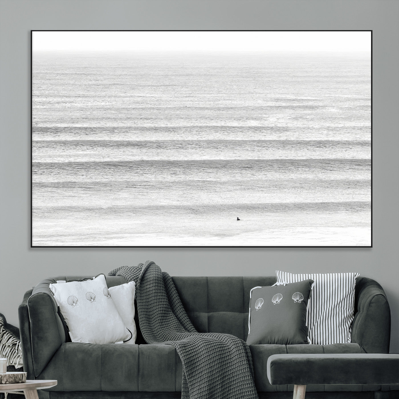 66534476-MGV-CV-36X24-Lone Surfer Wall Art Canvas Print, Framed Ocean Waves Art Picture Print, Minimal Sea Perfect Minimal Coastal Decor Artwork