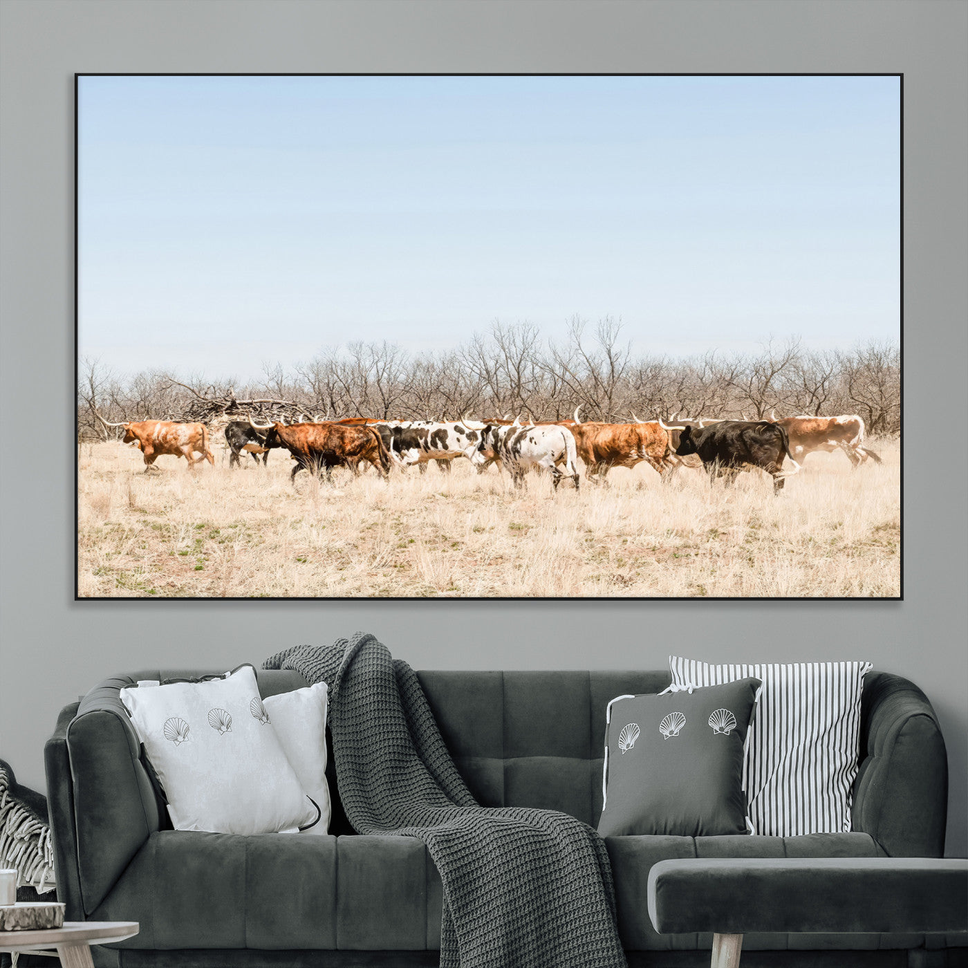 16563092-MGV-CV-36X24-Texas Longhorns Wall Art Canvas Print, Framed Western Cattles Art Picture Print, Rustic Herd Perfect Rustic Farmhouse Decor