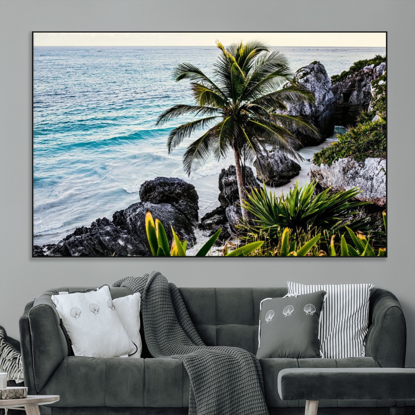 94669907-MGV-CV-36X24-Tropical Coastline Wall Art Canvas Print, Framed Palm Tree Art Picture Print, Rocky Beach Perfect Tropical Coastal Decor Artwork