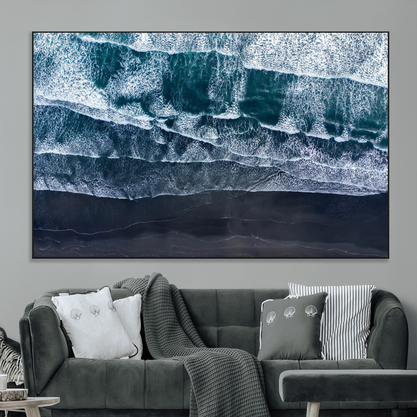 87941475-MGV-CV-36X24-Black Beach Wall Art Canvas Print, Framed Aerial Ocean Art Picture Print, Moody Coastal Perfect Modern Coastal Decor Artwork