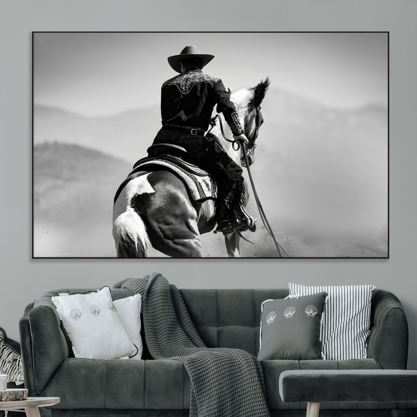83102464-MGV-CV-36X24-Western Cowboy Wall Art Canvas Print, Framed Monochrome Horse Art Picture Print, Western Equestrian Perfect Rustic Western Decor