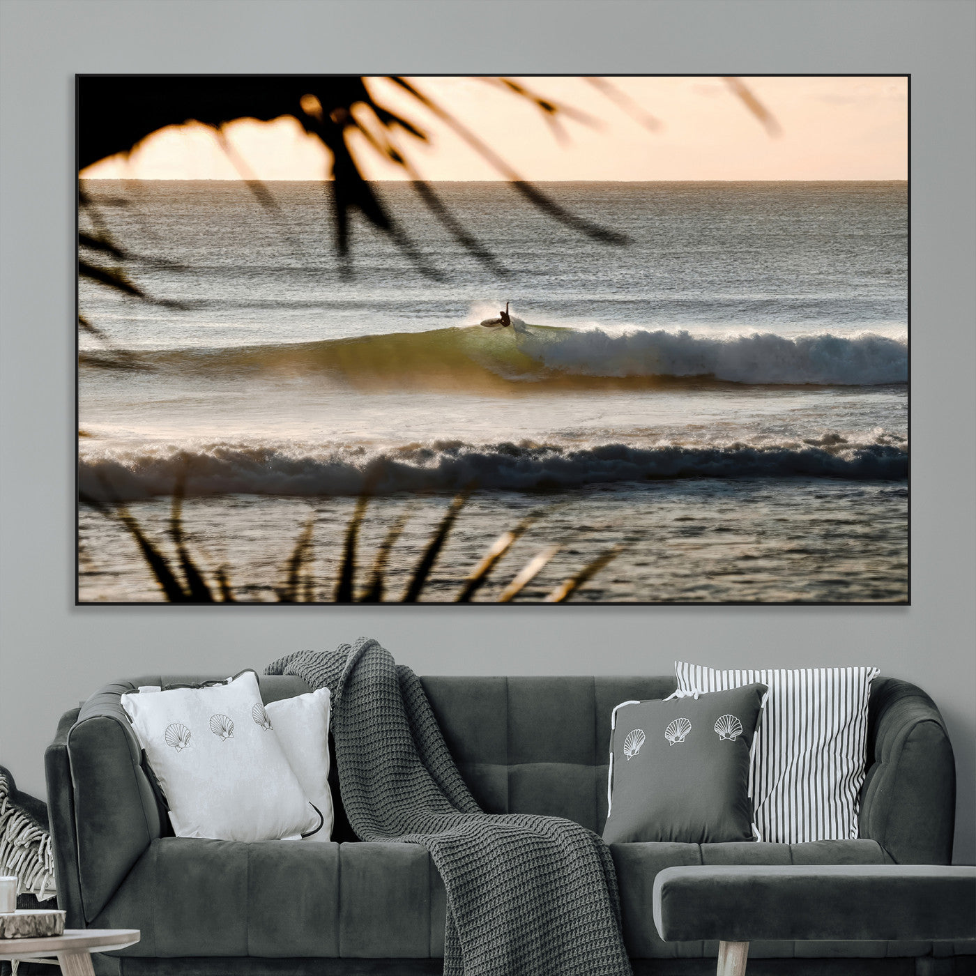 24896468-MGV-CV-36X24-Sunset Surf Wall Art Canvas Print, Framed Golden Waves Art Picture Print, Tropical Ocean Perfect Tropical Boho Decor Artwork