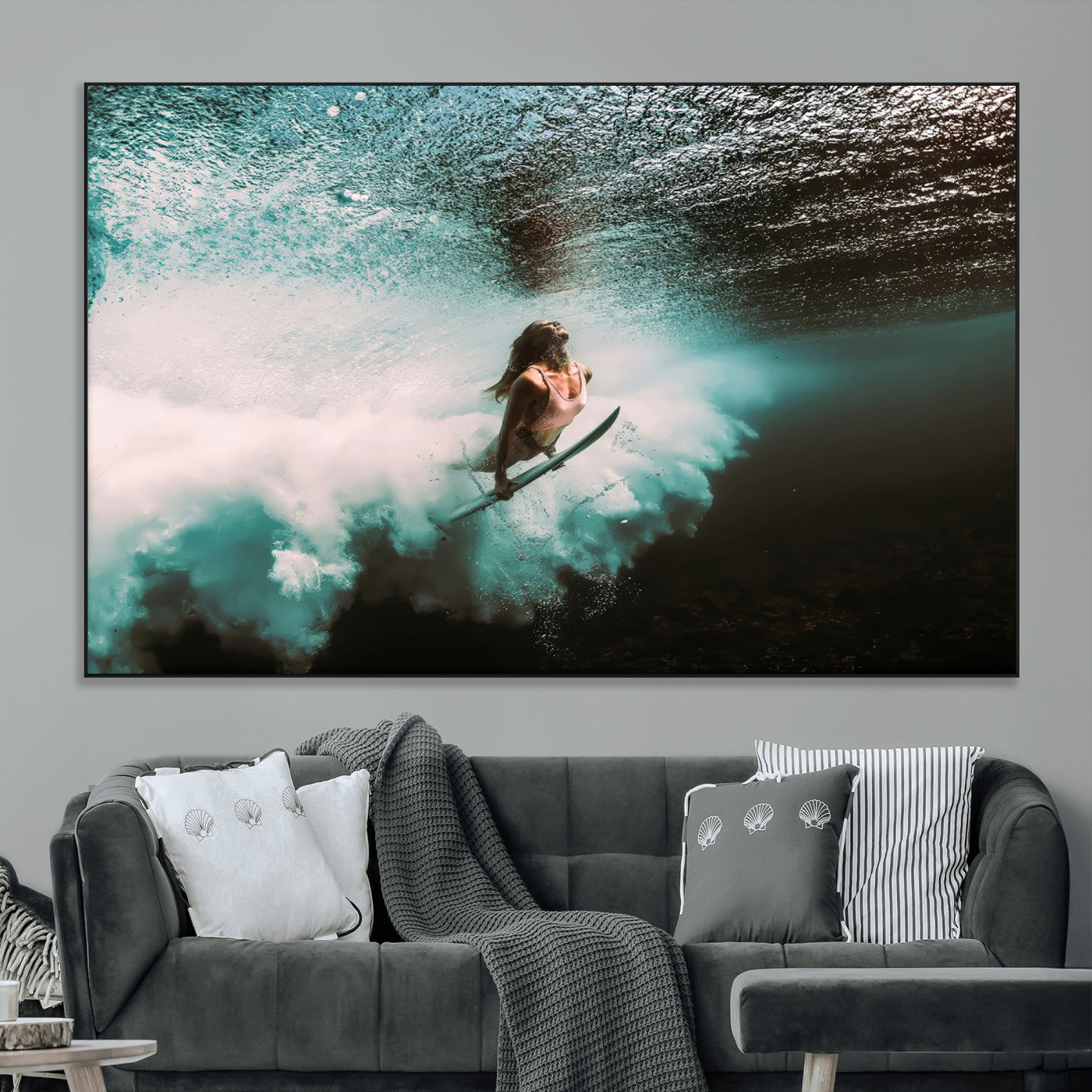85923512-MGV-CV-36X24-Aquatic Motion Wall Art Canvas Print, Framed Underwater Swimming Art Picture Print, Female Surfer Diving Perfect Coastal Boho