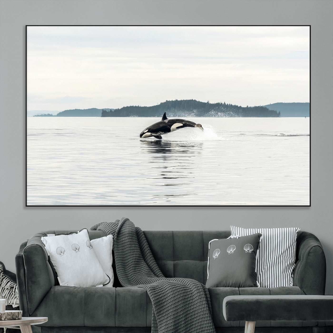 10157174-MGV-CV-36X24-Orca Whale Wall Art Canvas Print, Framed Black White Whale Art Picture Print, Minimalist Ocean Perfect Coastal Minimalist Decor