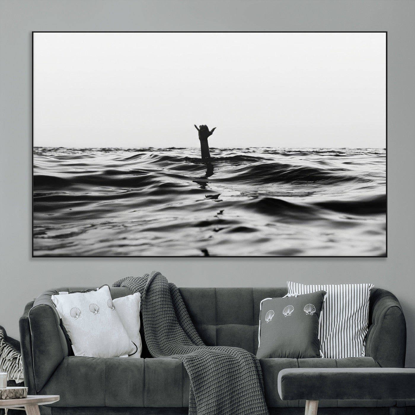 69541918-MGV-CV-36X24-Black White Ocean Wall Art Canvas Print, Framed Moody Seascape Art Picture Print, Surfer Sign Perfect Moody Minimalist Decor