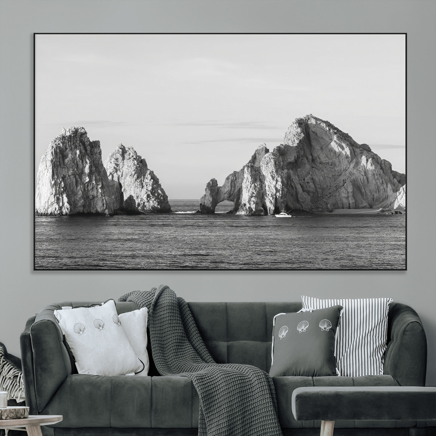18810731-MGV-CV-36X24-Rugged Coastline Wall Art Canvas Print, Framed Ocean Cliffs Art Picture Print, Monochrome Seascape Perfect Coastal Minimalist