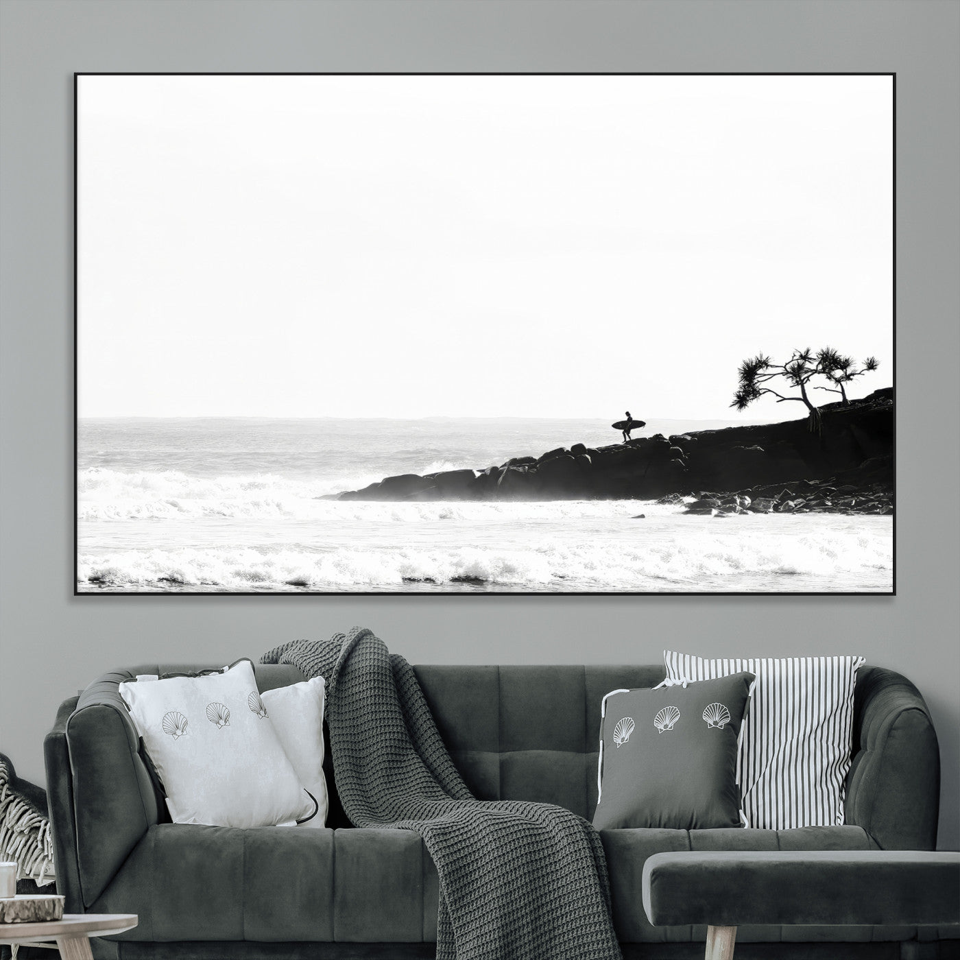 40875891-MGV-CV-36X24-SurferCliffs Wall Art Canvas Print, Framed Black White Beach Art Picture Print, Ocean Waves Perfect Minimalist Coastal Decor