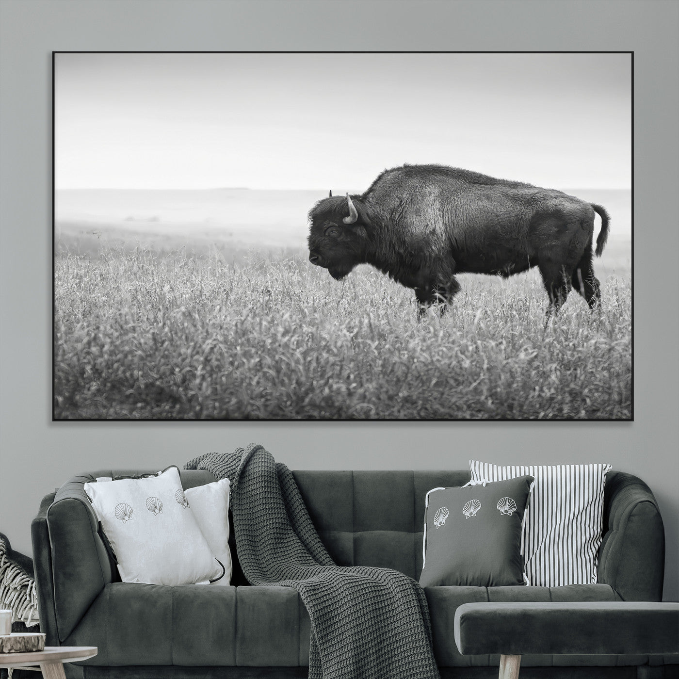 28435251-MGV-CV-36X24-Bison In Prairie Wall Art Canvas Print, Framed Rustic Wildlife Art Picture Print, Wild Buffalo Perfect Rustic Western Decor