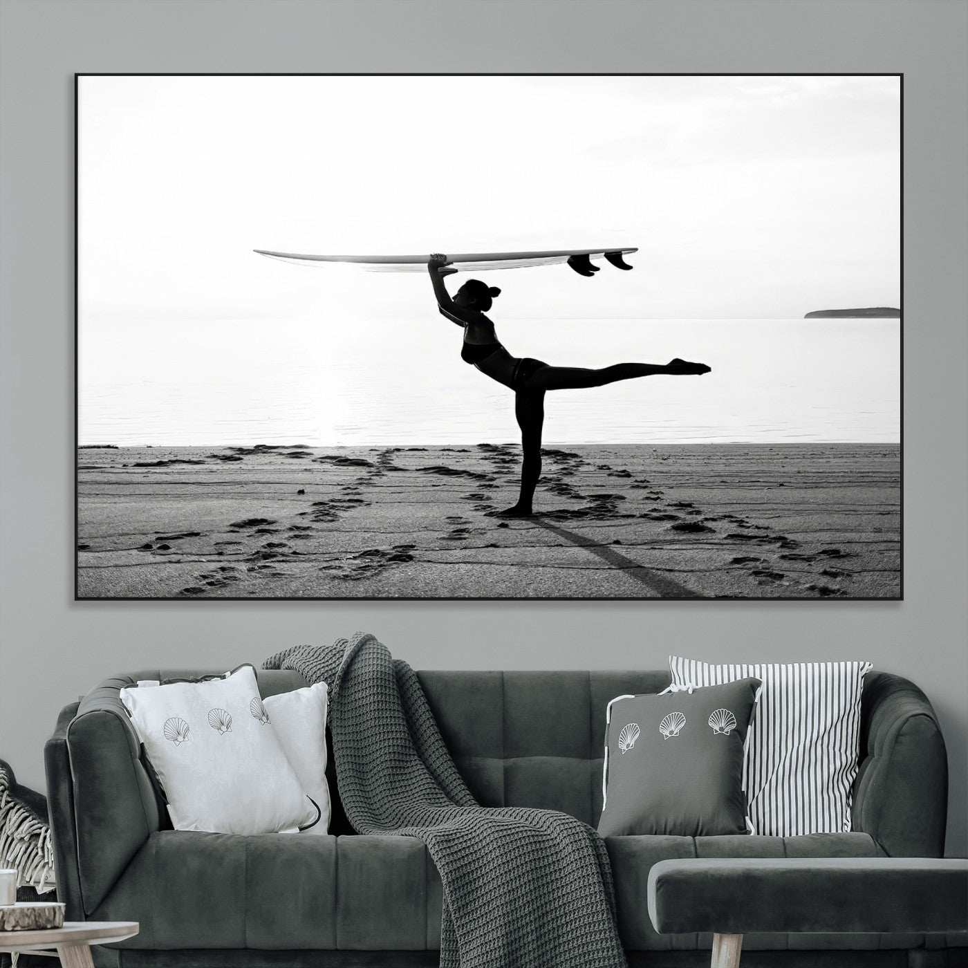 28441356-MGV-CV-36X24-Yoga Surf Wall Art Canvas Print, Framed Black White Shore Art Picture Print, Peaceful Ocean Perfect Minimalist Coastal Decor