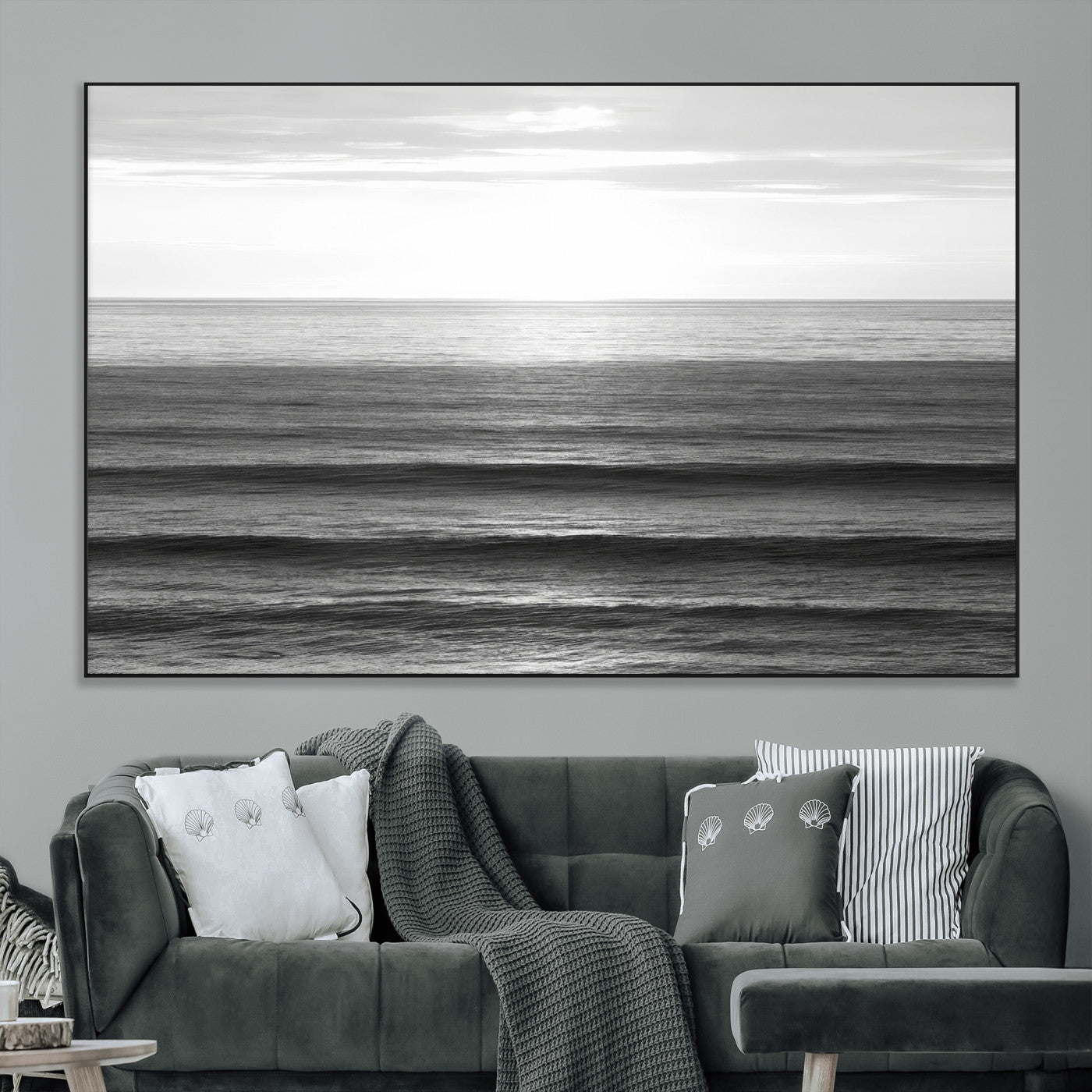 47305203-MGV-CV-36X24-Monochrome Ocean Wall Art Canvas Print, Framed Moody Ocean Art Picture Print, Calm Ocean Perfect Minimalist Coastal Decor Artwork