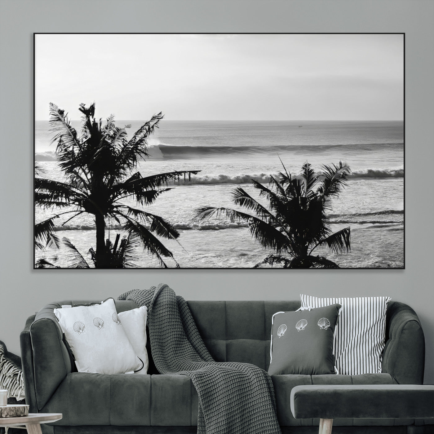 17508038-MGV-CV-36X24-Tropical Coastline Wall Art Canvas Print, Framed Palm Trees Art Picture Print, Ocean Waves Perfect Minimalist Coastal Decor
