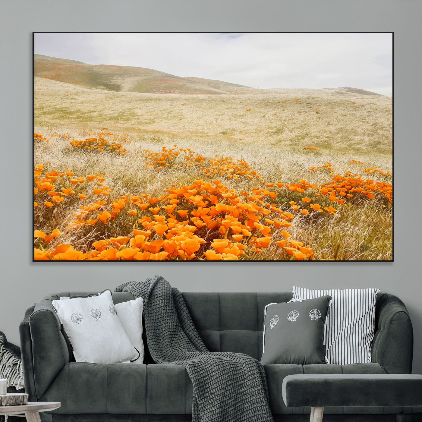 28972262-MGV-CV-36X24-Golden Wildflowers Wall Art Canvas Print, Framed Hills Bloom Art Picture Print, Poppy Meadow Perfect Rustic Nature Decor Artwork