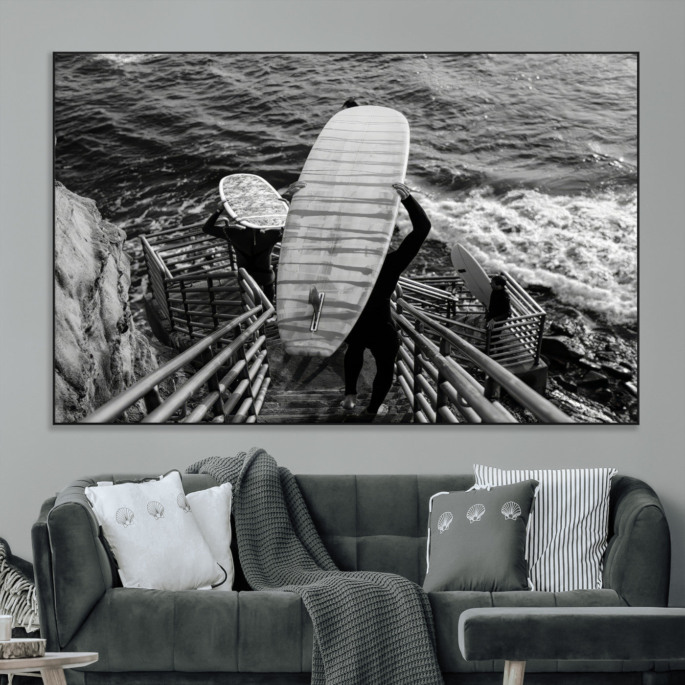 32353707-MGV-CV-36X24-Black White Surfing Wall Art Canvas Print, Framed Coastal Surfing Art Picture Print, Wave Riders Perfect Coastal Adventure Decor