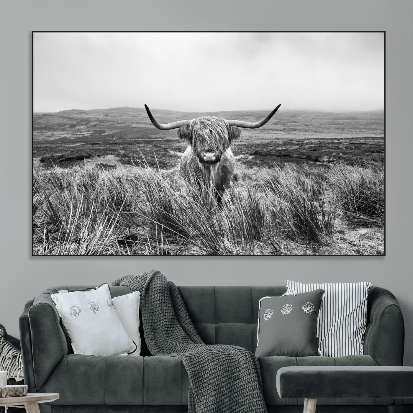24051061-MGV-CV-36X24-Monochrome Highland Cow Wall Art Canvas Print, Framed Scottish Bull Art Picture Print, Lone Cattle Perfect Rustic Farmhouse Decor