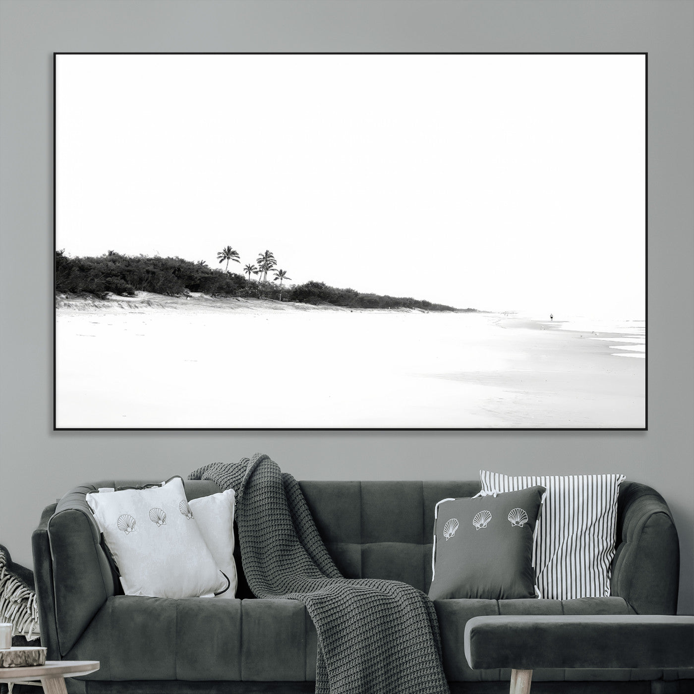 29611516-MGV-CV-36X24-Black White Beach Wall Art Canvas Print, Framed Palm Trees Art Picture Print, Monochrome Tropical Perfect Minimalist Coastal Decor