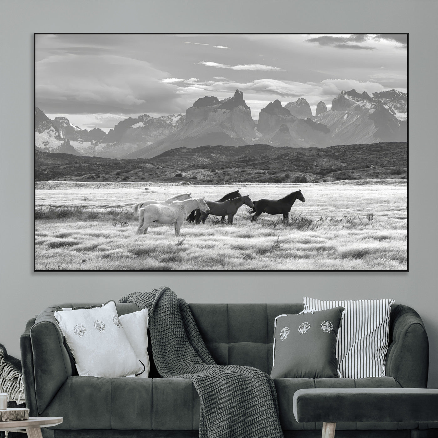 21655040-SEG-FC-51X34_Oversize_Oversize-Wild Horses Wall Art Canvas Print, Framed Black White Mountains Art Picture Print, Rustic Countryside Perfect Rustic Western Decor