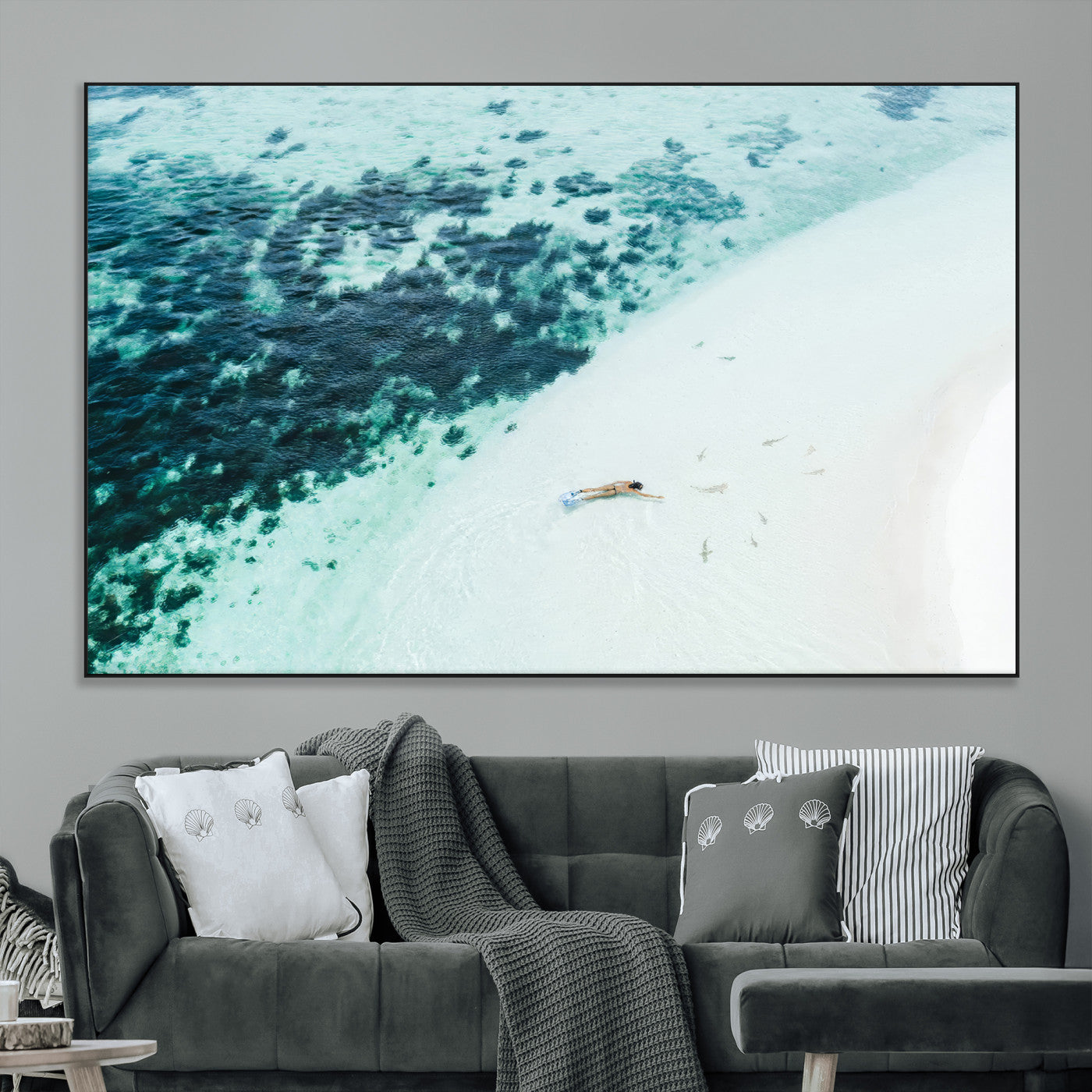 33764764-MGV-CV-36X24-Minimal Beach Wall Art Canvas Print, Framed Ocean Swimming Art Picture Print, Clear Ocean Perfect Minimal Coastal Decor Artwork