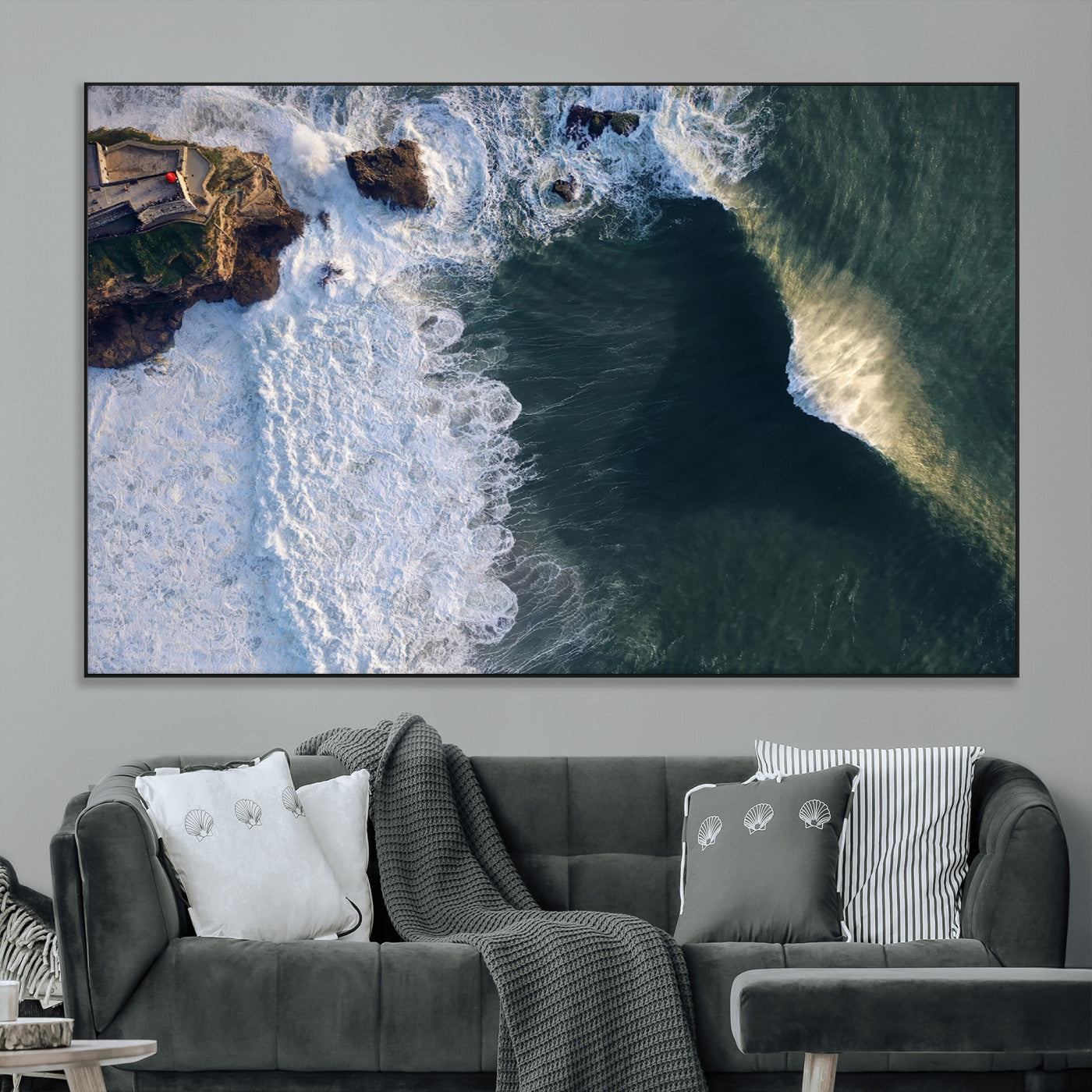37405684-MGV-CV-36X24-Nazare Coast Wall Art Canvas Print, Framed Aerial Ocean Art Picture Print, Coastal Fortress Perfect Dramatic Coastal Decor Artwork
