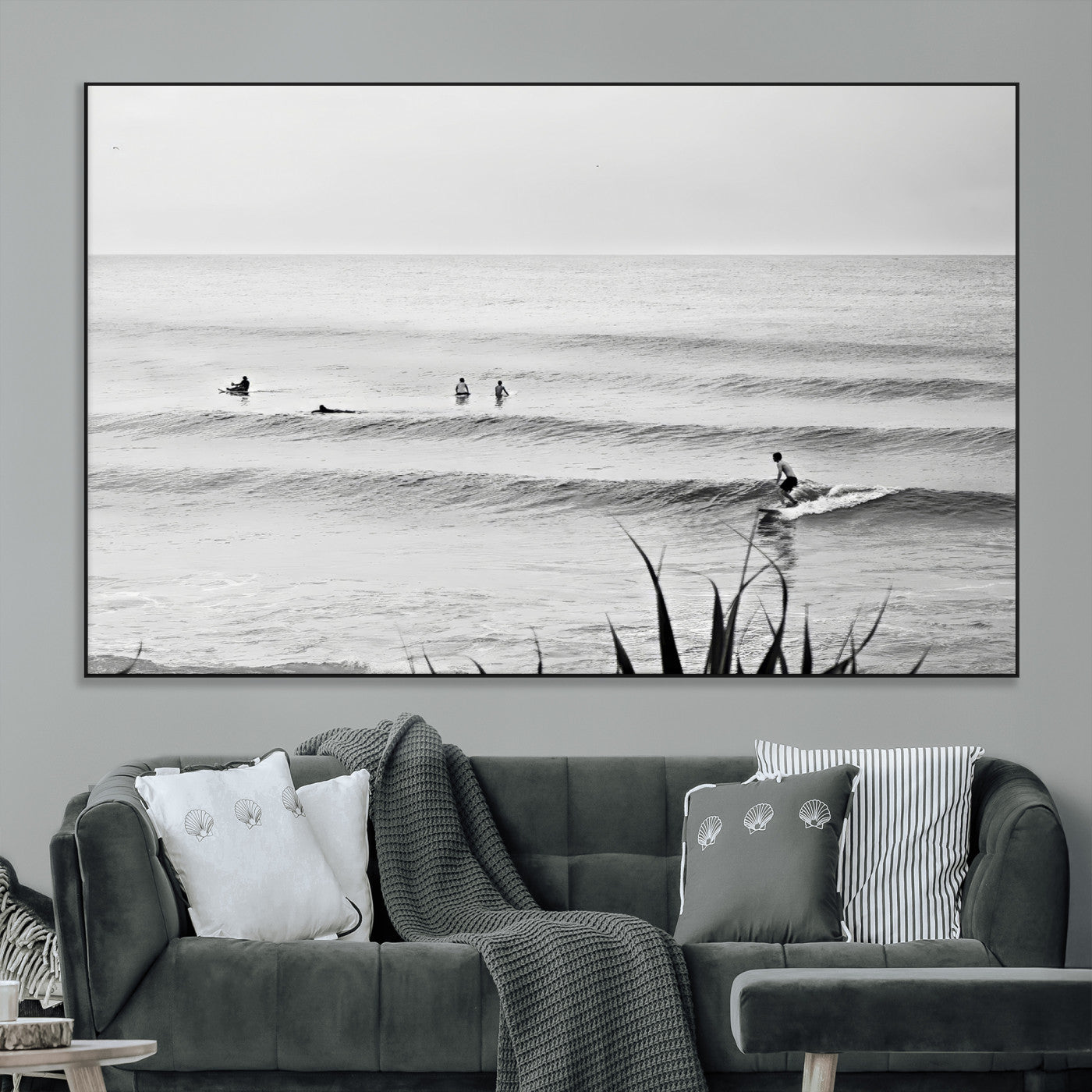 33821421-MGV-CV-36X24-Surfer Silhouette Wall Art Canvas Print, Framed Calm Ocean Art Picture Print, Monochrome Surf Perfect Minimalist Coastal Decor