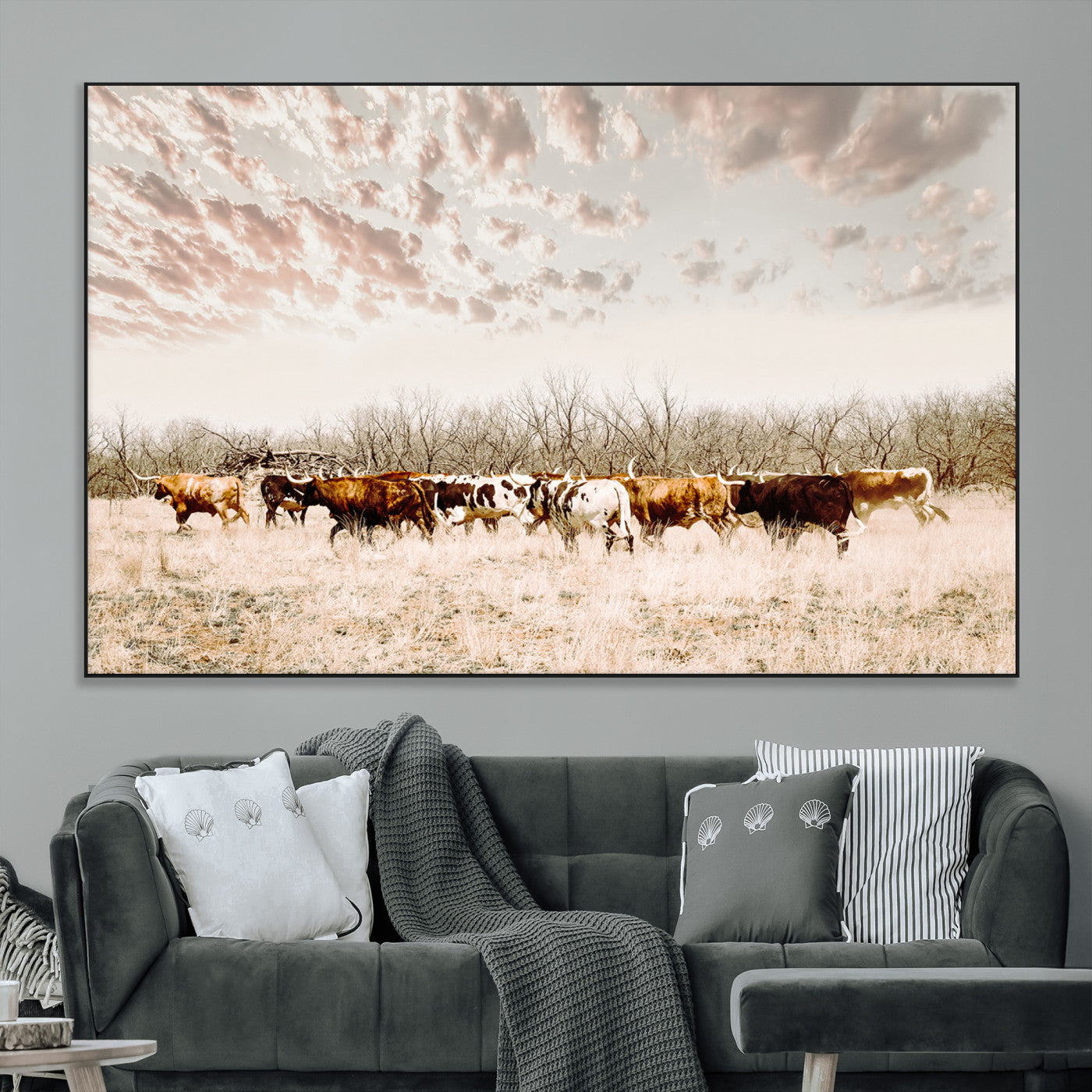 64892775-MGV-CV-36X24-Longhorn Cattle Wall Art Canvas Print, Framed Texas Ranch Art Picture Print, Western Cow Perfect Western Decor Artwork