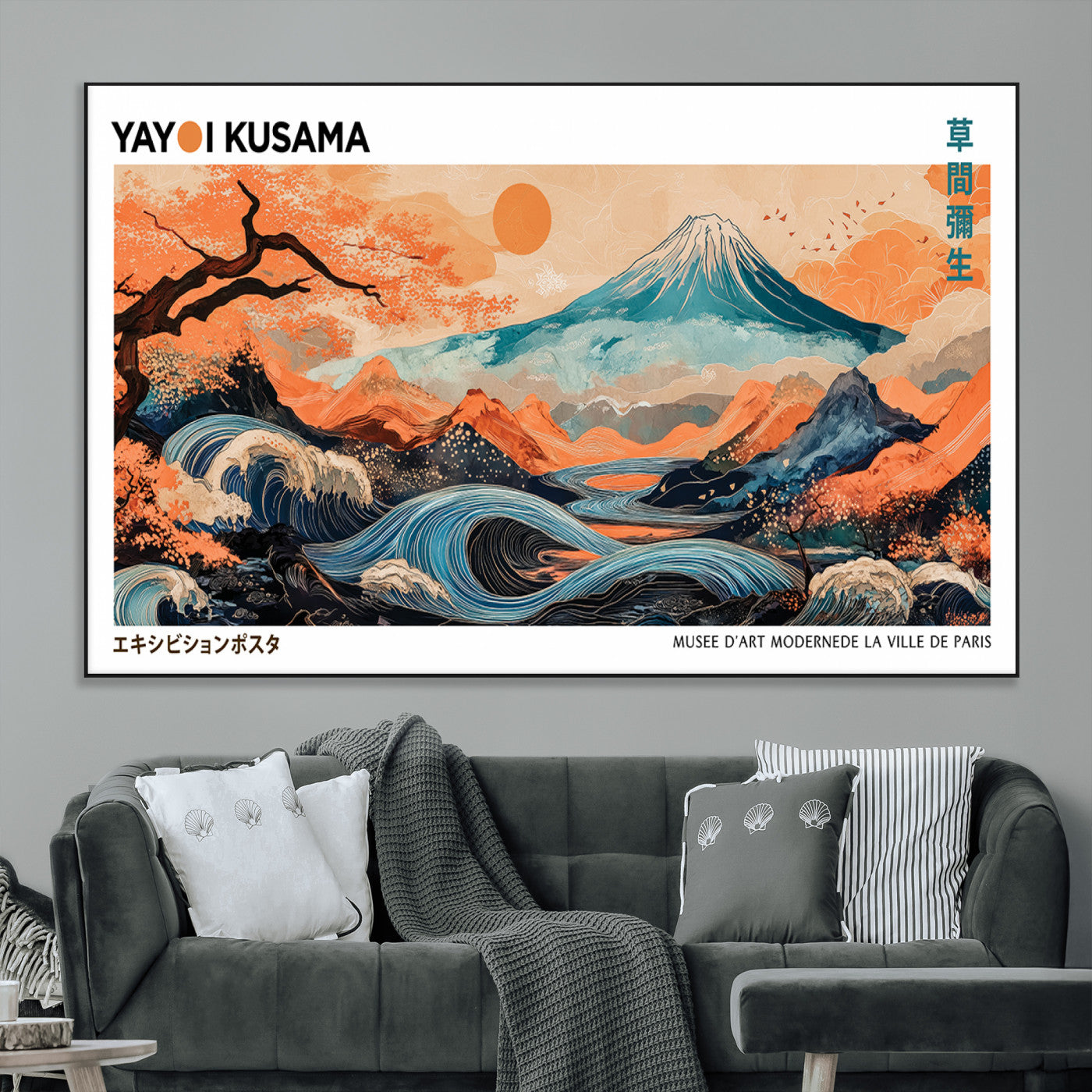 88785870-MGV-CV-36X24-Japanese Great Wave & Mt Fuji Wall Art – Ukiyo e Style Landscape Print with Flowing River, Autumn Mountain Poster, Oriental Asian