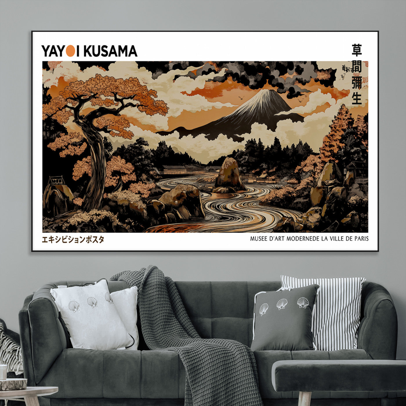 96372548-MGV-CV-36X24-Japanese Landscape Wall Art Print – Mt. Fuji Poster with Bonsai Tree & River, Ukiyo-e Inspired Modern Japanese Artwork, Autumn