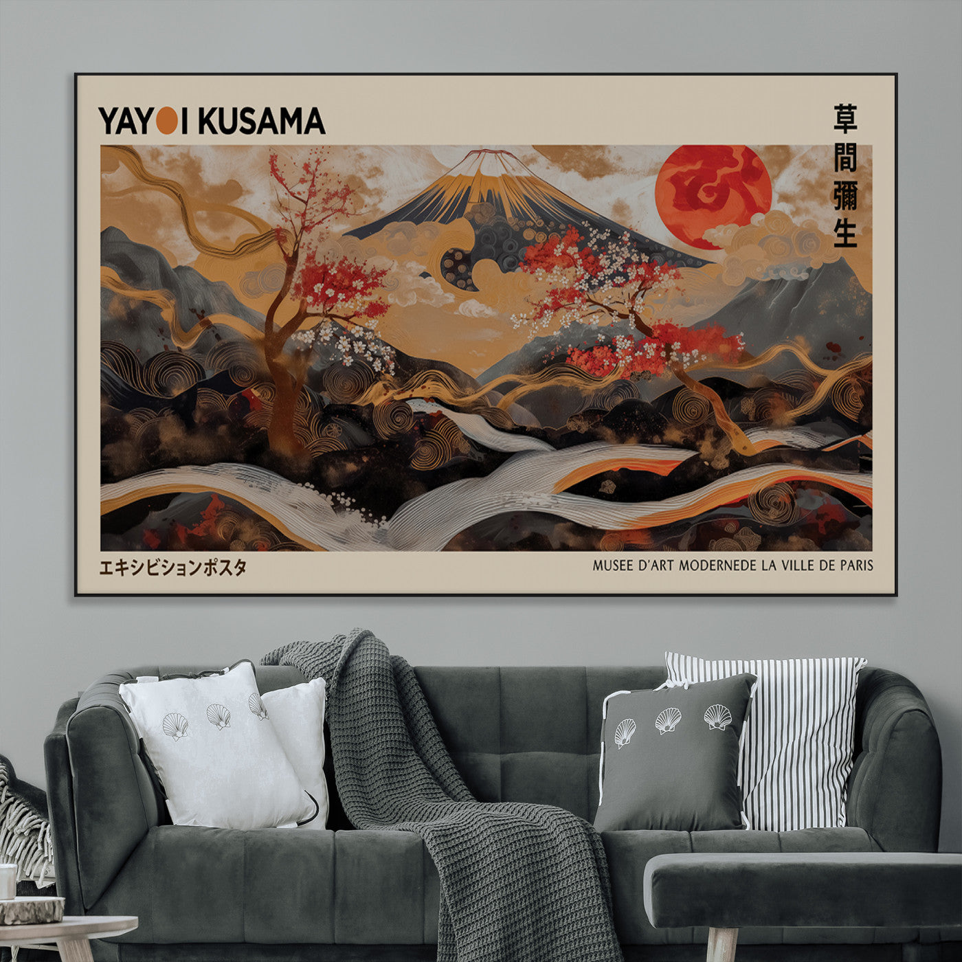 77970791-MGV-CV-36X24-Mount Fuji Golden Abstract Wall Art – Japanese Landscape Canvas Poster, Cherry Blossom & Red Sun Painting, Elegant Zen Oriental