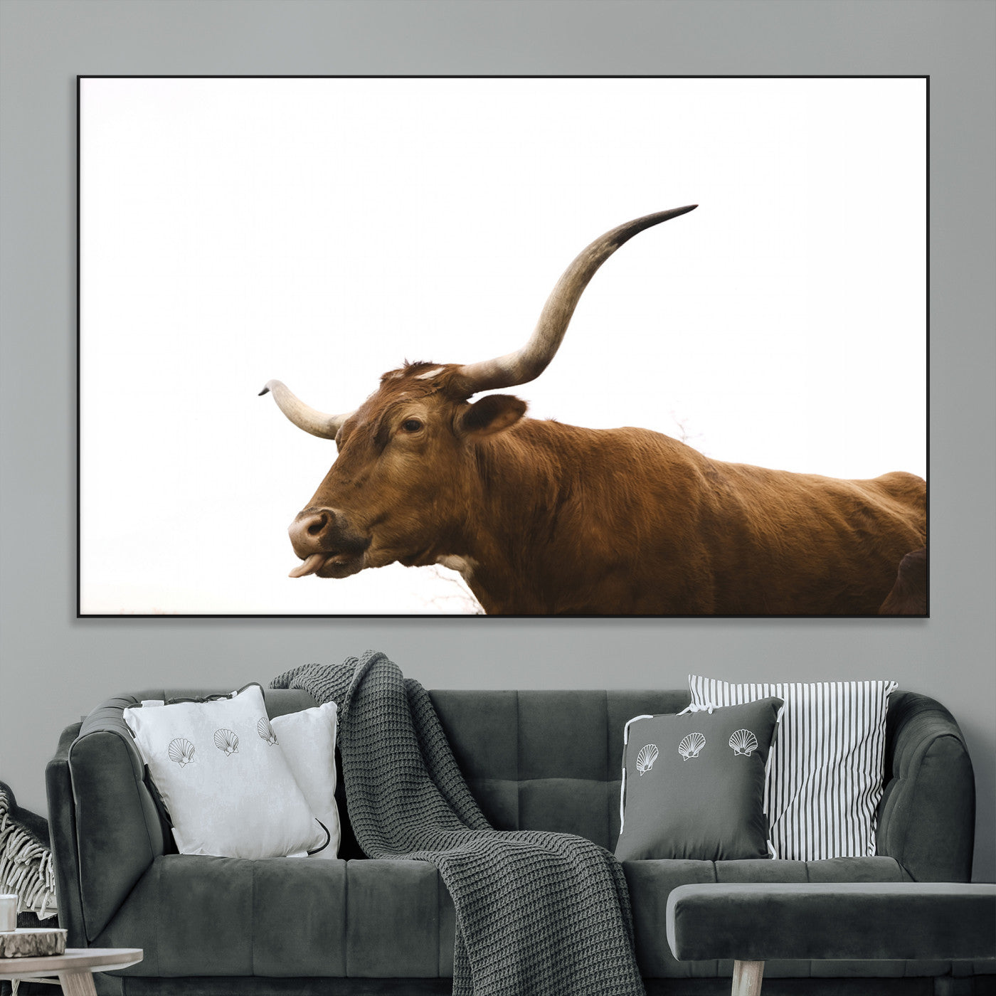 62566114-MGV-CV-36X24-Longhorn Cow Art Wall Art Canvas Print, Framed Rustic Animal Decor Art Picture Print, Texas Bull Photo Perfect Rustic Farmhouse