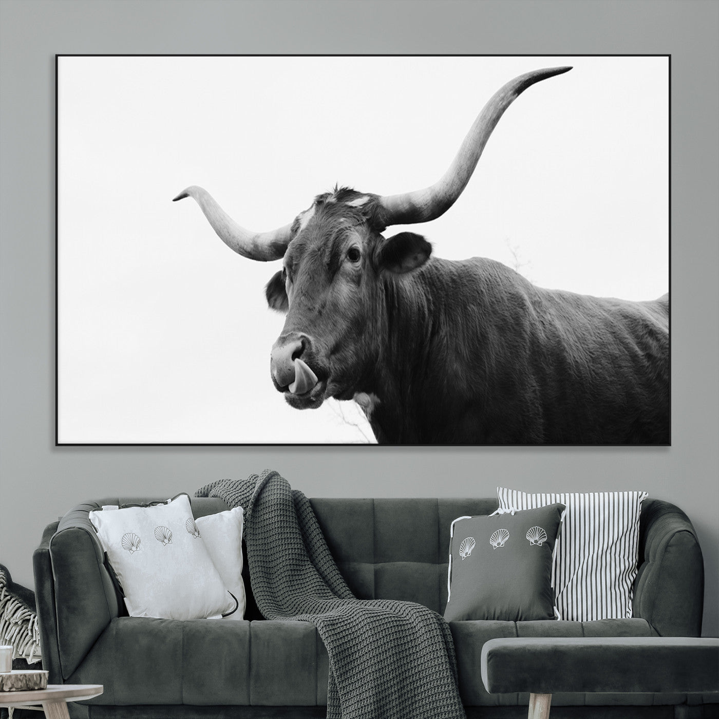 99244177-MGV-CV-36X24-Longhorn Photography Wall Art Canvas Print, Framed Western Cow Decor Art Picture Print, Black White Bull Perfect Modern Rustic