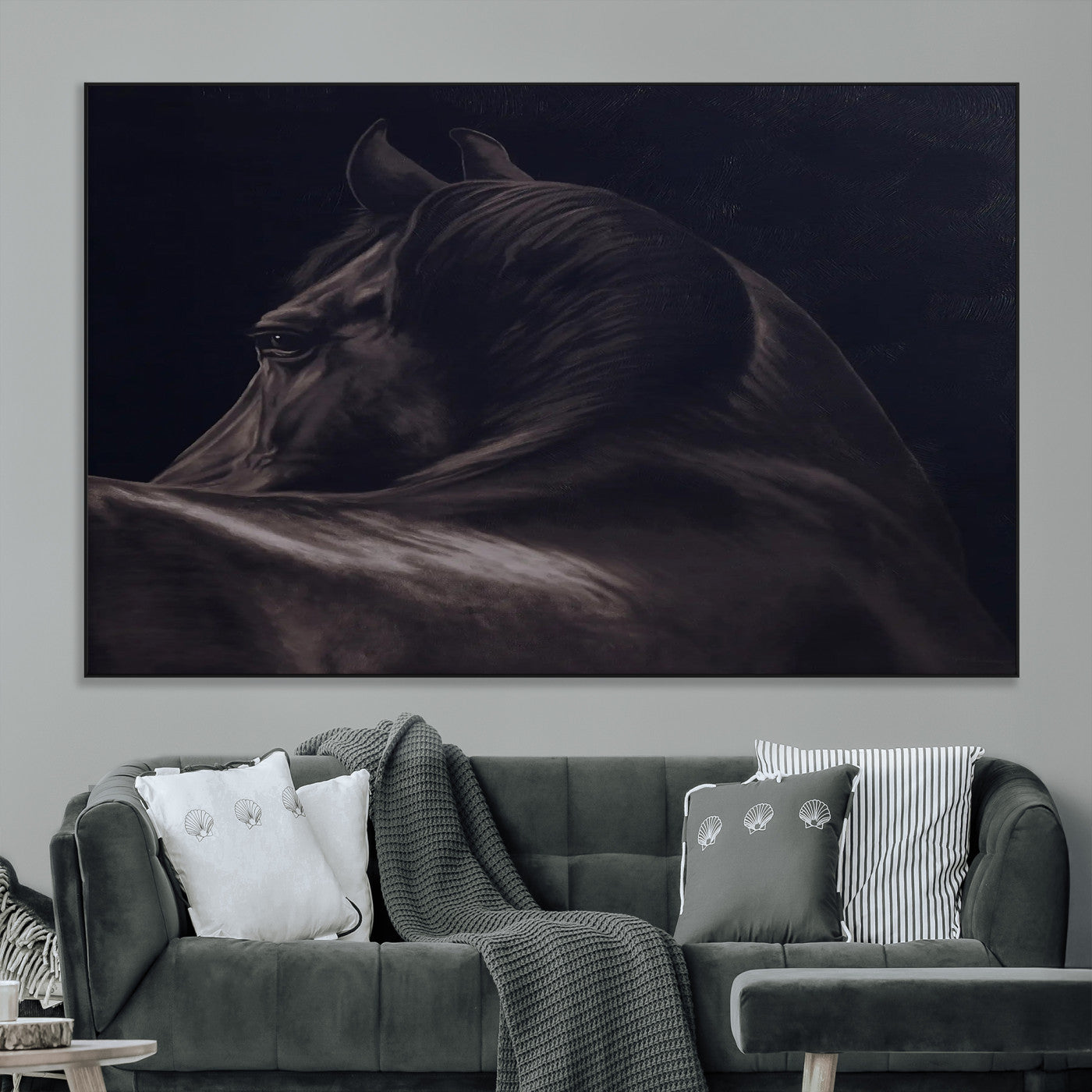 67026880-MGV-CV-36X24-Black Horse Portrait Wall Art Canvas Print, Framed Moody Horse Decor Art Picture Print, Equestrian Wall Style Perfect Masculine