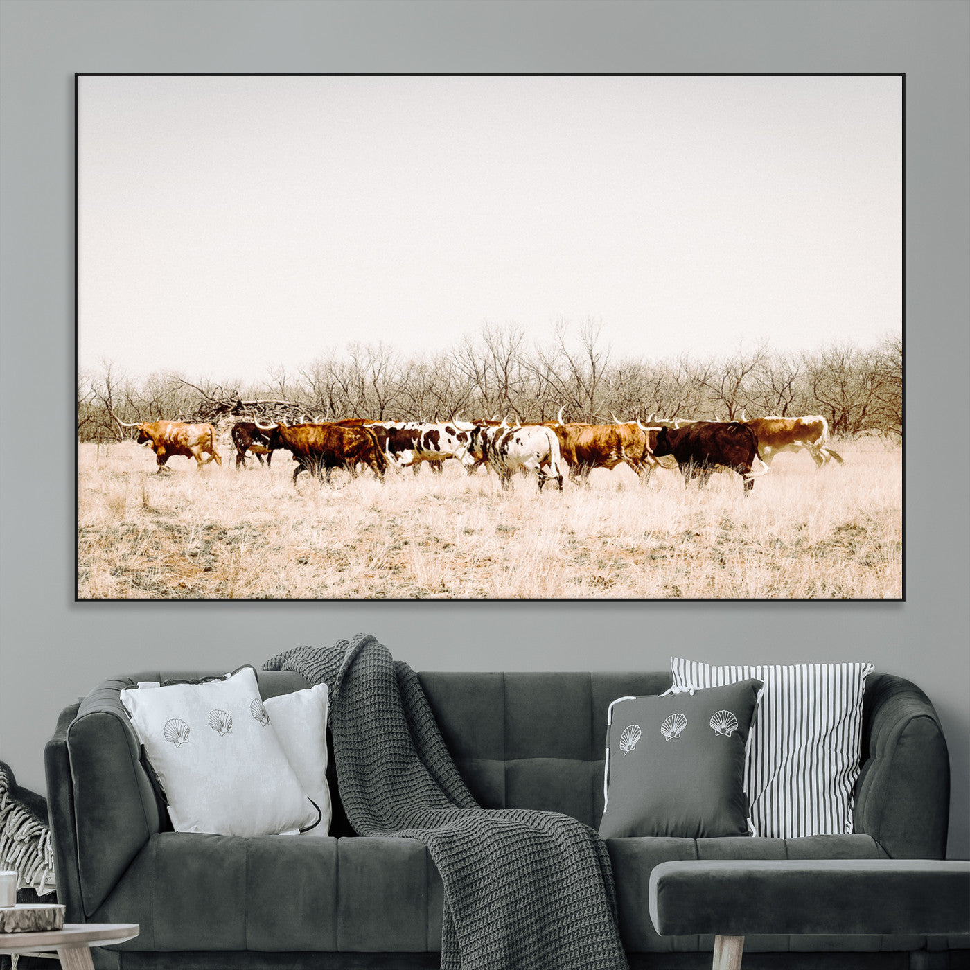 12454132-MGV-CV-36X24-Cow Herd Photography Wall Art Canvas Print, Framed Rustic Farmhouse Decor Art Picture Print, Western Ranch Style Perfect Rustic