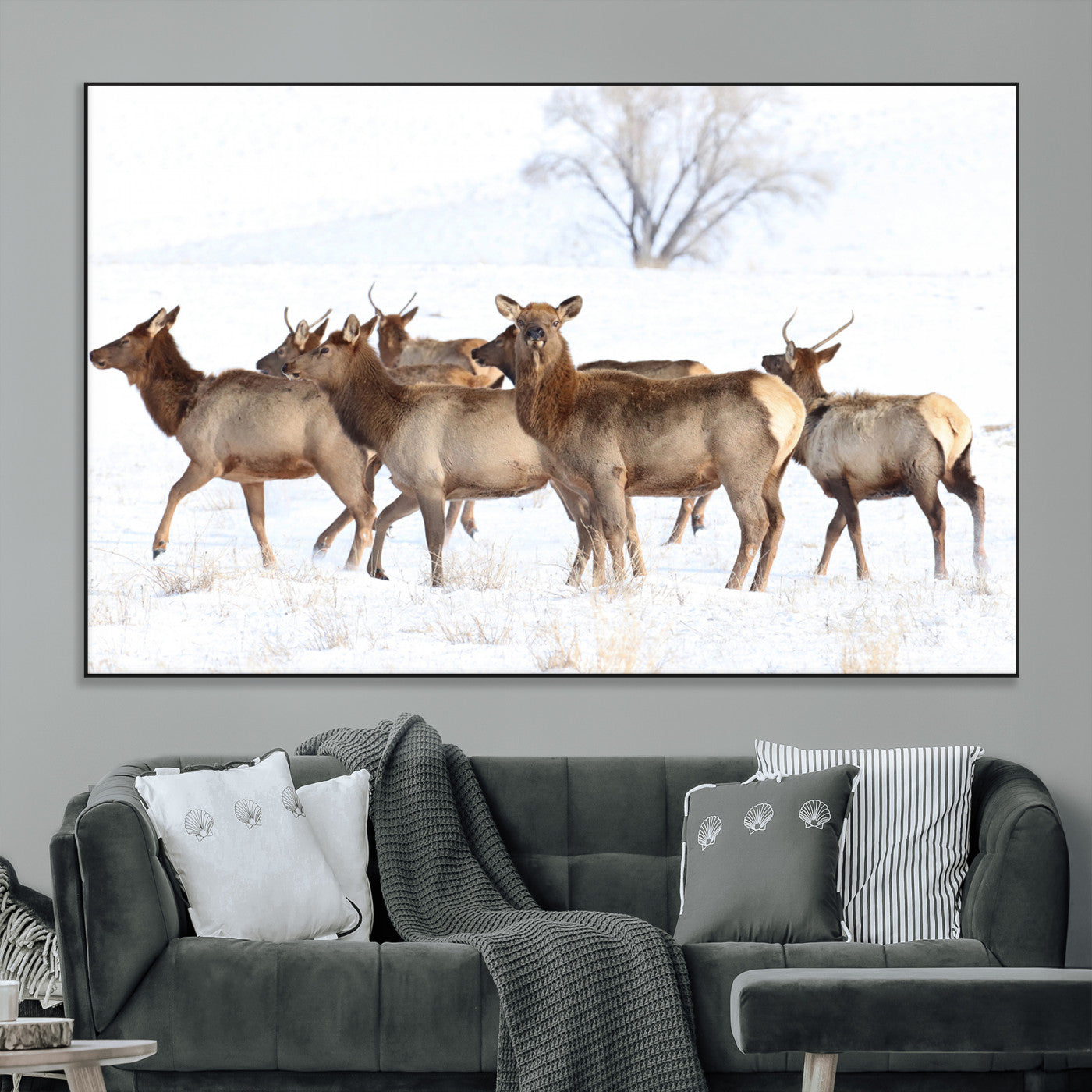 68738684-MGV-CV-36X24-Winter Elk Scene Wall Art Canvas Print, Framed Wildlife Photography Art Picture Print, Snowy Deer Decor Perfect Rustic Lodge Decor