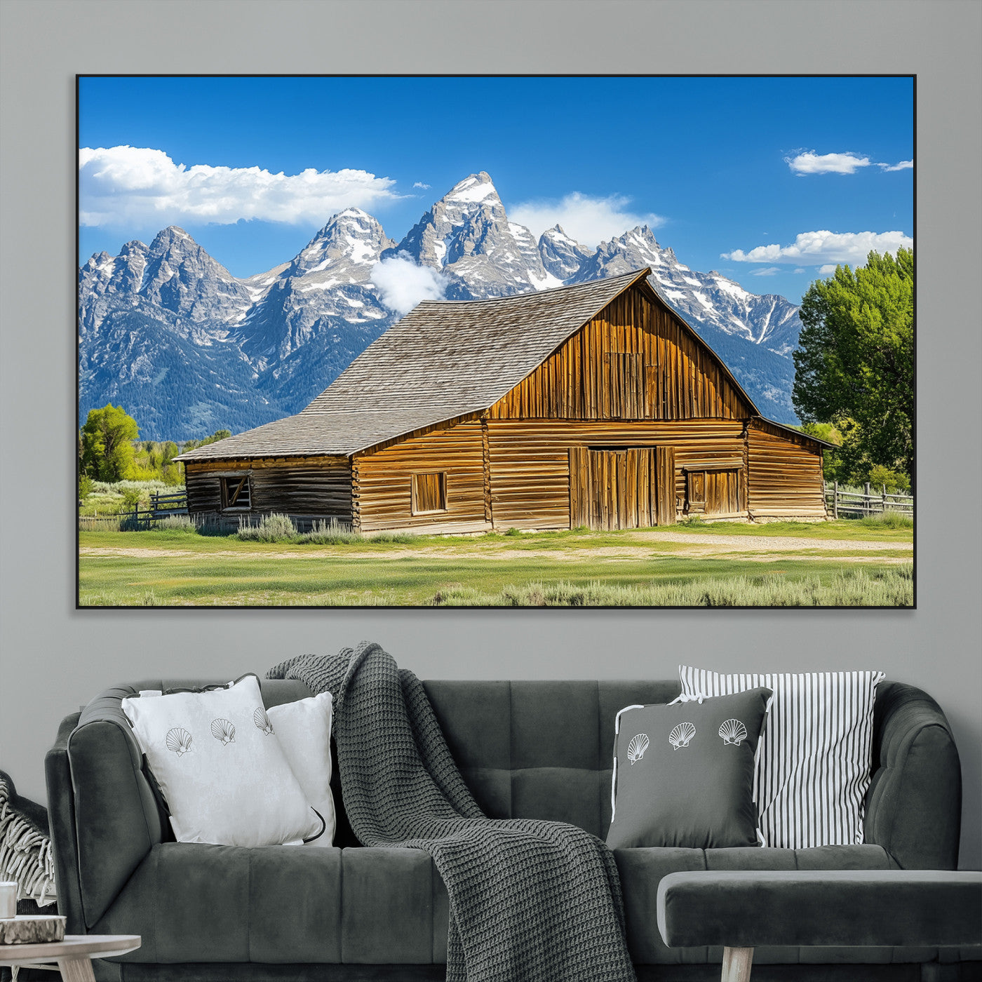 75948467-MGV-CV-36X24-Mountain Barn Scene Wall Art Canvas Print, Framed Rustic Farmhouse Style Art Picture Print, Country Cabin Decor Perfect Rustic