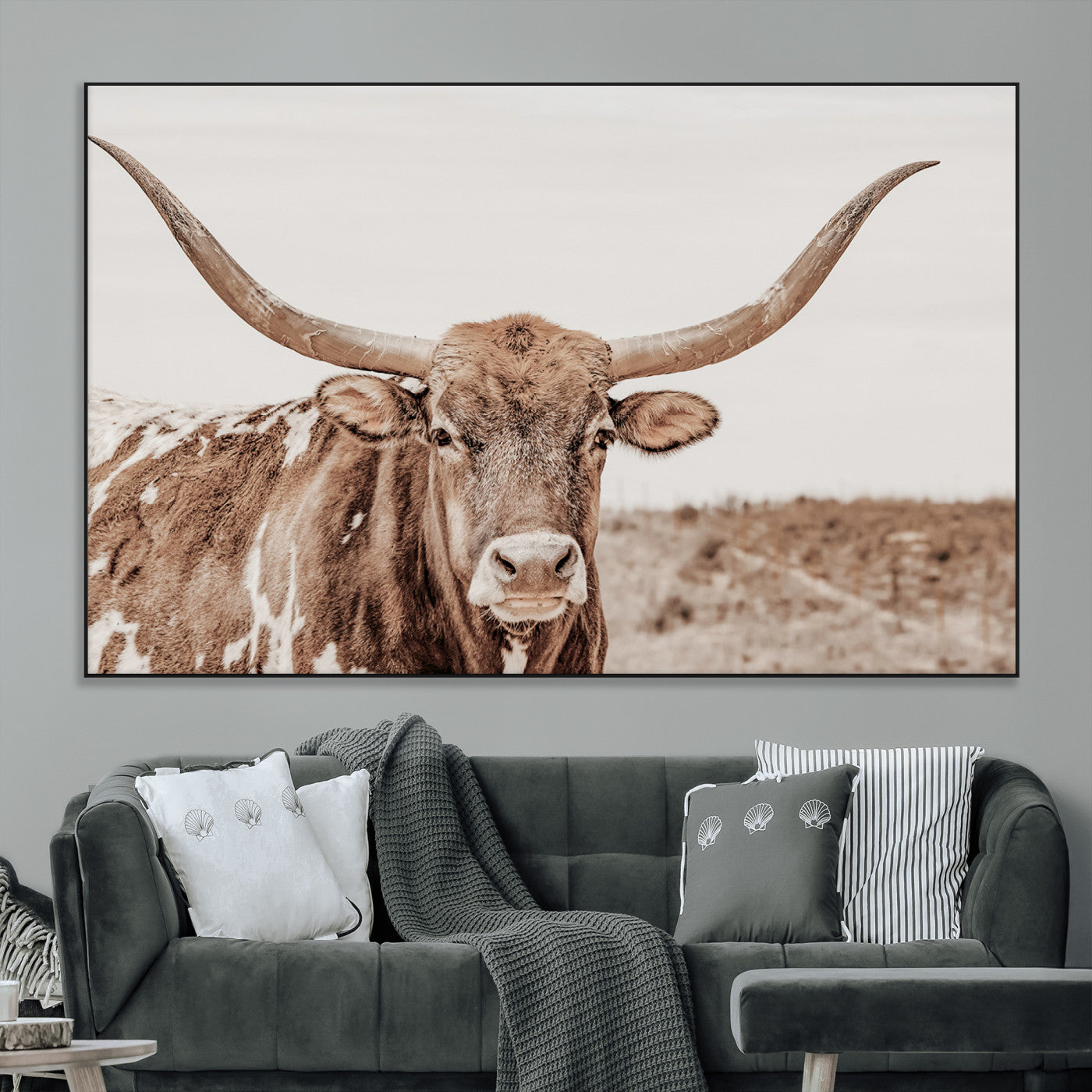 77810049-MGV-CV-36X24-Longhorn Bull Photo Wall Art Canvas Print, Framed Rustic Cow Decor Art Picture Print, Neutral Farmhouse Style Perfect Rustic