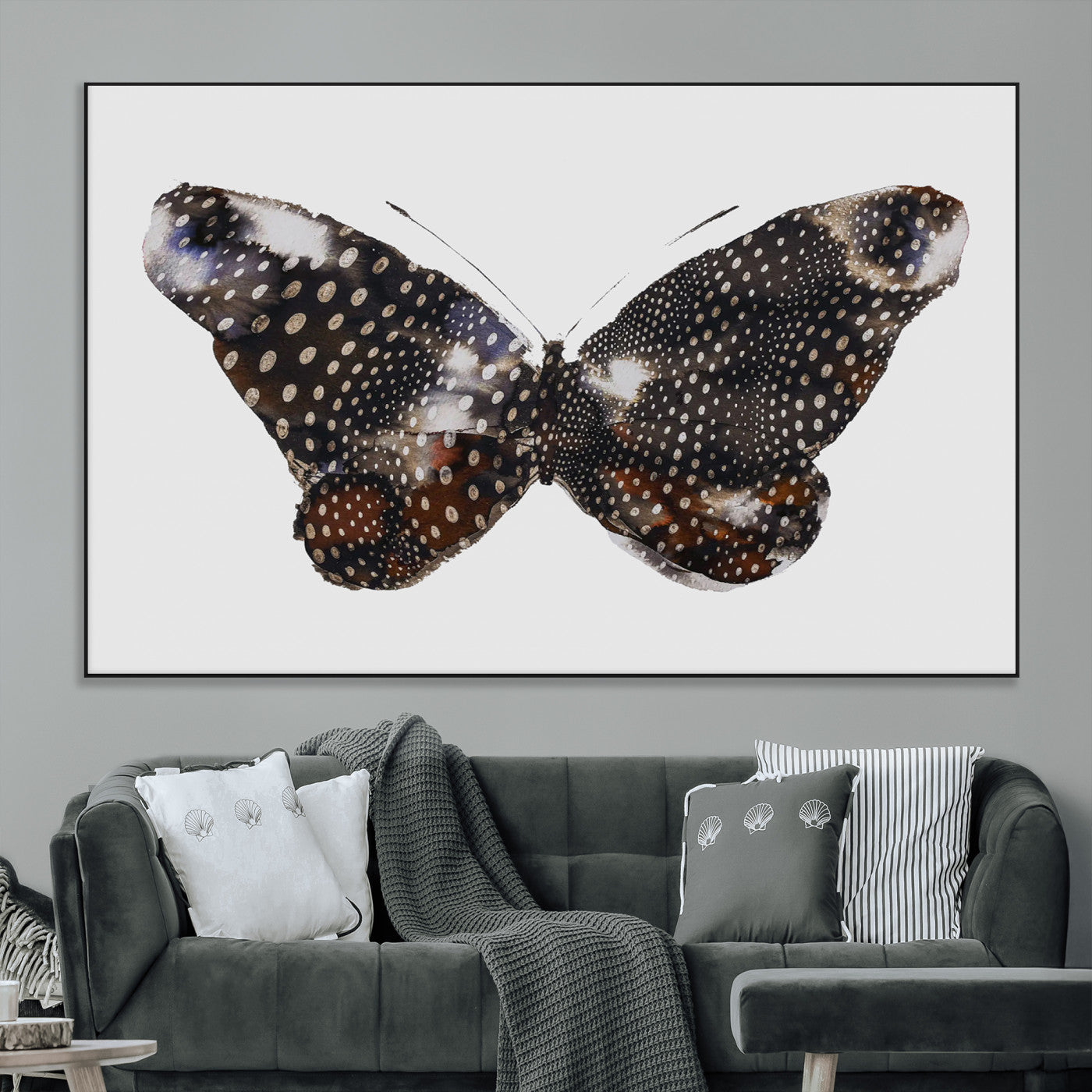 99831147-MGV-CV-36X24-Spotted Butterfly Wall Art Canvas Print, Framed Neutral Insect Theme Art Picture Print, Earthy Wing Pattern Perfect Modern Rustic